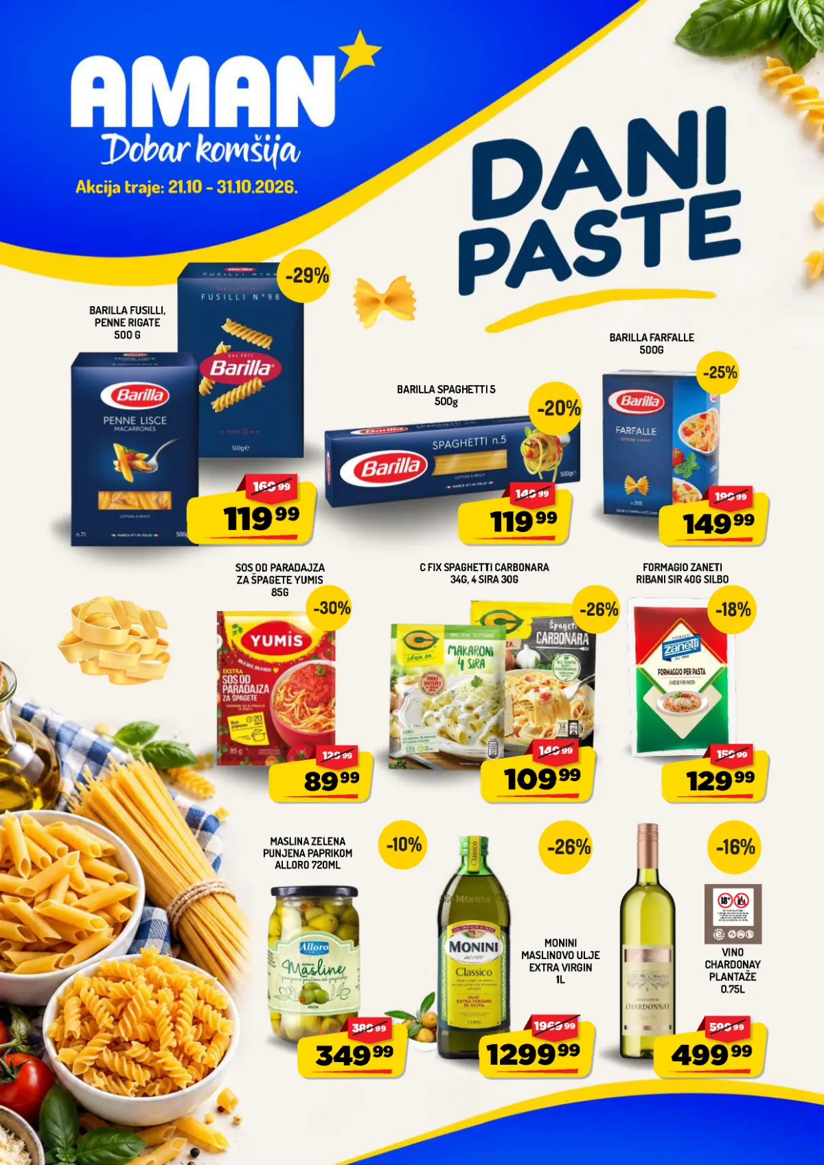 AMAN katalog Dani paste od 21. do 31.10.2026. – Barilla testenine od 119,99 dinara, YumIS sos 89,99 dinara i Monini maslinovo ulje 1.299,99 dinara