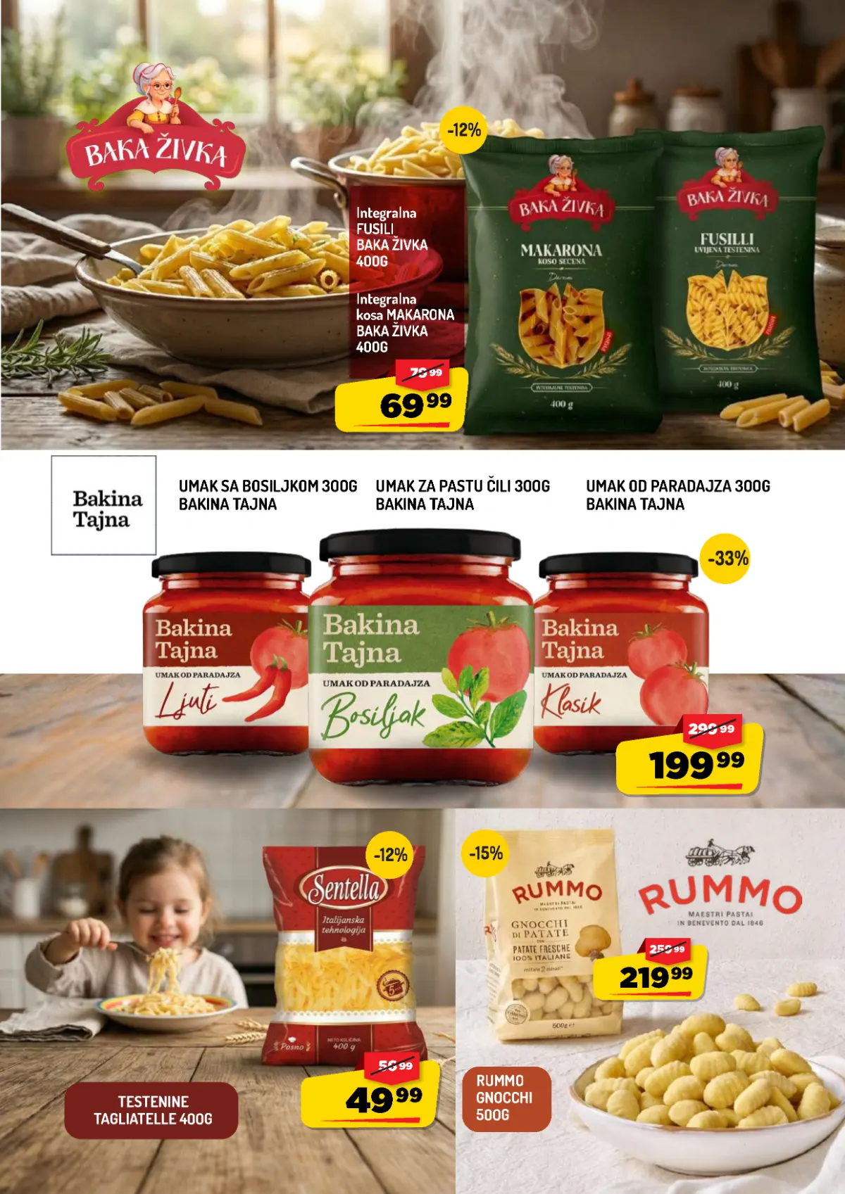 AMAN katalog strana 5 – Baka Živka testenine, Bakina Tajna sosevi i Rummo njoke po akcijskim cenama