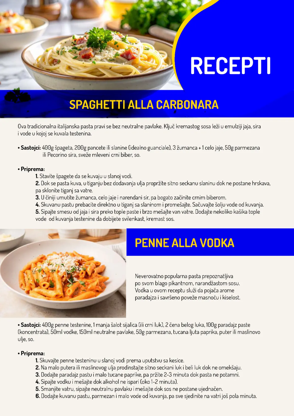 AMAN katalog strana 6 – recepti za Spaghetti alla Carbonara i Penne alla Vodka