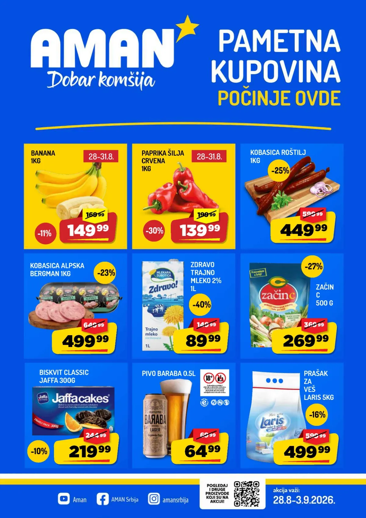 AMAN nedeljna akcija do 03.09.2026. – mleko, roštiljska kobasica, voće i kućna hemija uz popuste do 50%