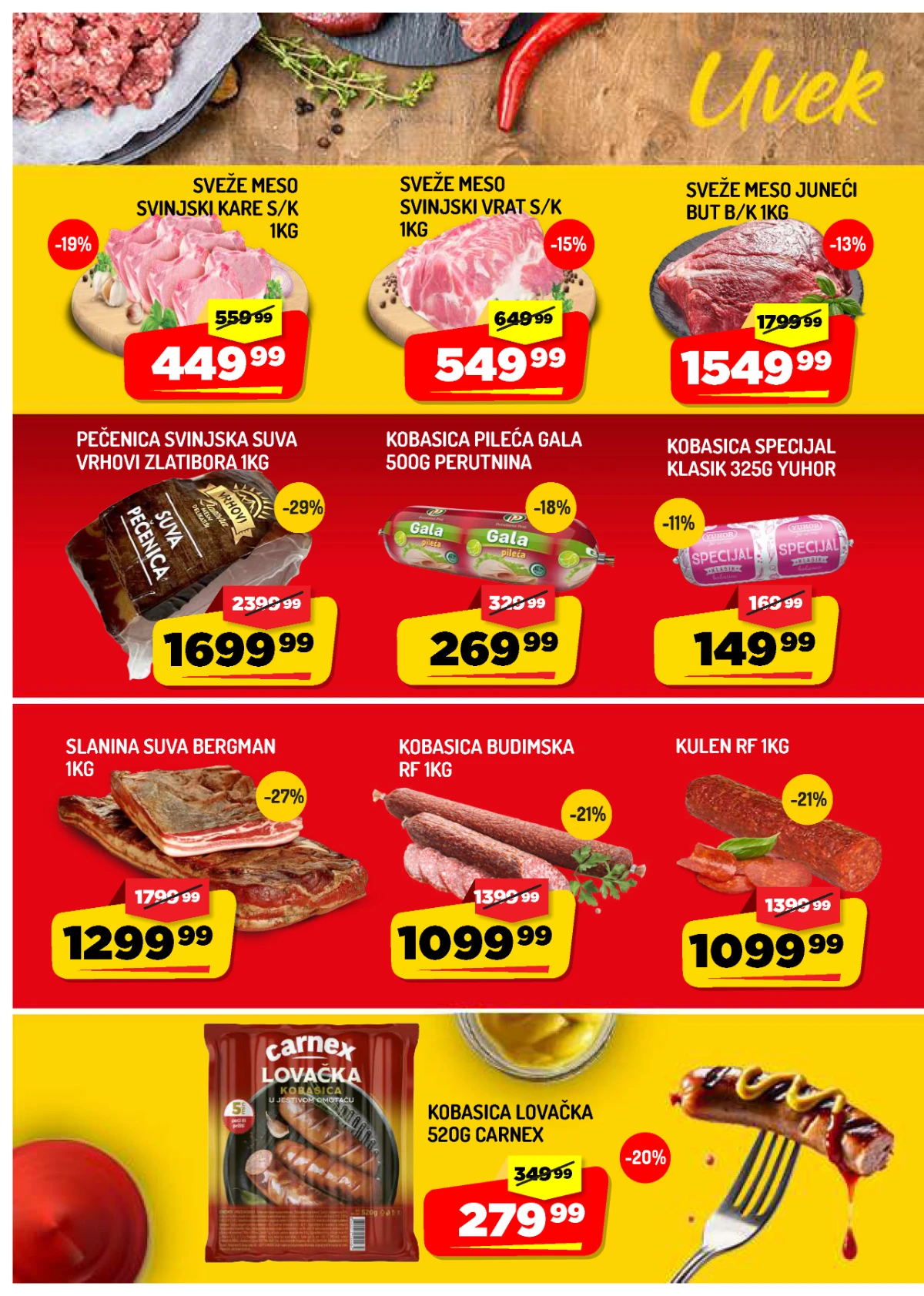 Aman katalog strana 2 – sveže svinjsko i juneće meso, kobasice, kulen, pečenica i suhomesnati proizvodi na akciji.
