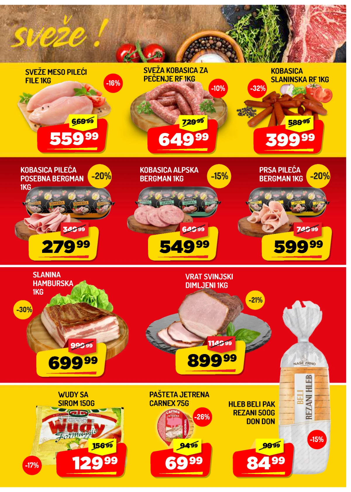 Aman katalog strana 3 – pileći file, kobasice, slanina, dimljeni vrat i pekarski proizvodi na sniženju.