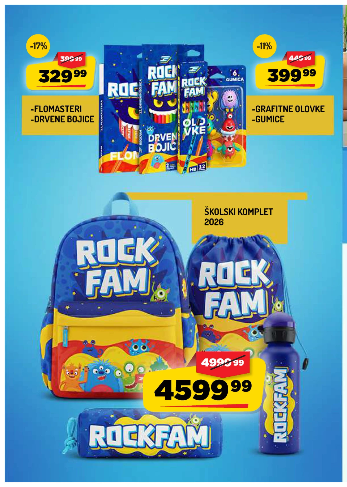 AMAN akcija – Rock Fam školski komplet, flomasteri, bojice, olovke i gumice