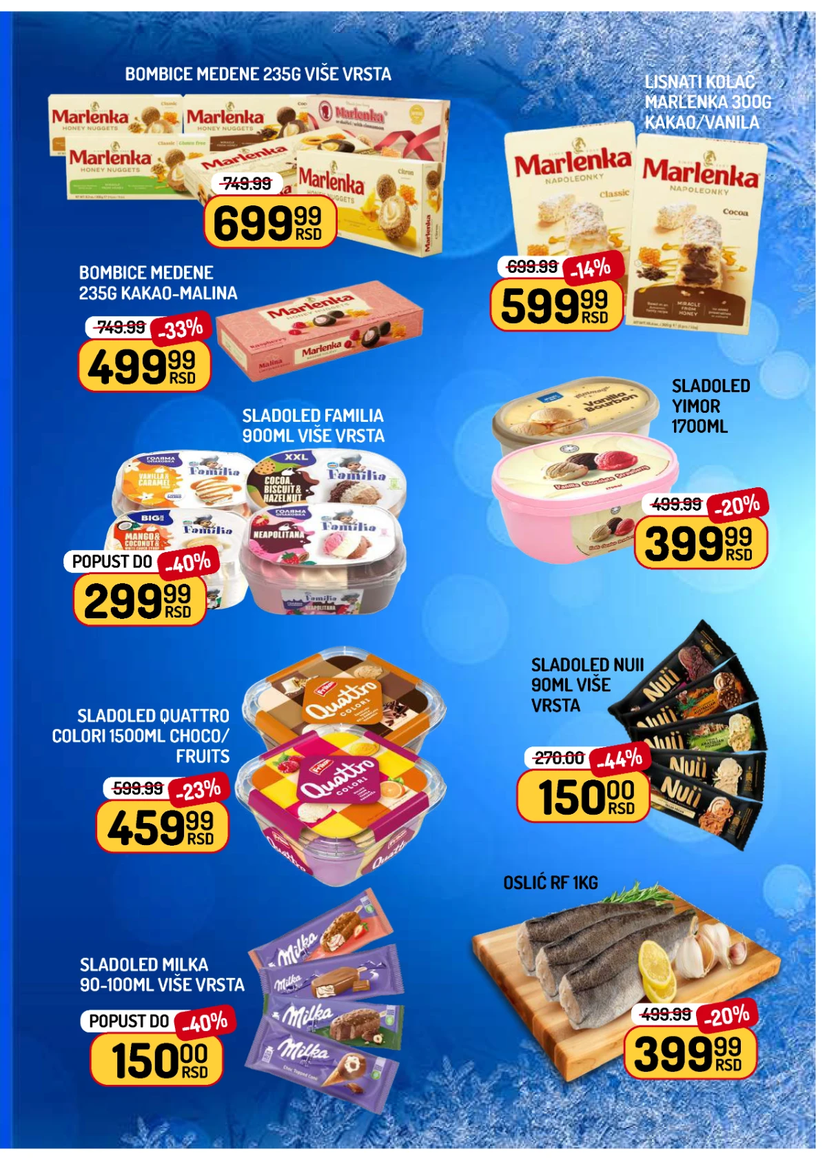 Aman katalog od 10. do 16.07.2026. – Marlenka kolači, sladoledi Milka, Familia, Quattro i smrznuti oslić.