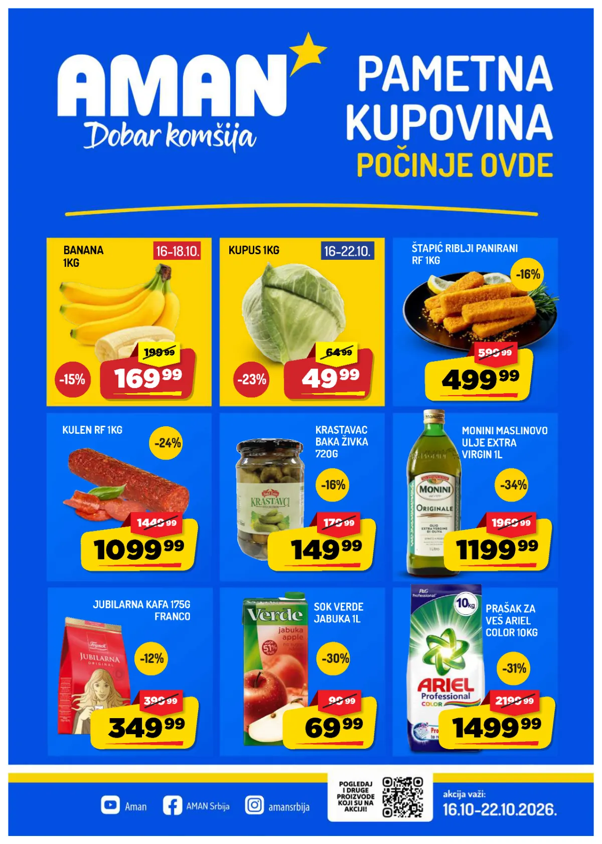 AMAN Pametna kupovina od 16. do 22.10.2026. – kupus 49,99 dinara, Monini maslinovo ulje 1.199,99 dinara i Ariel prašak 1.499,99 dinara