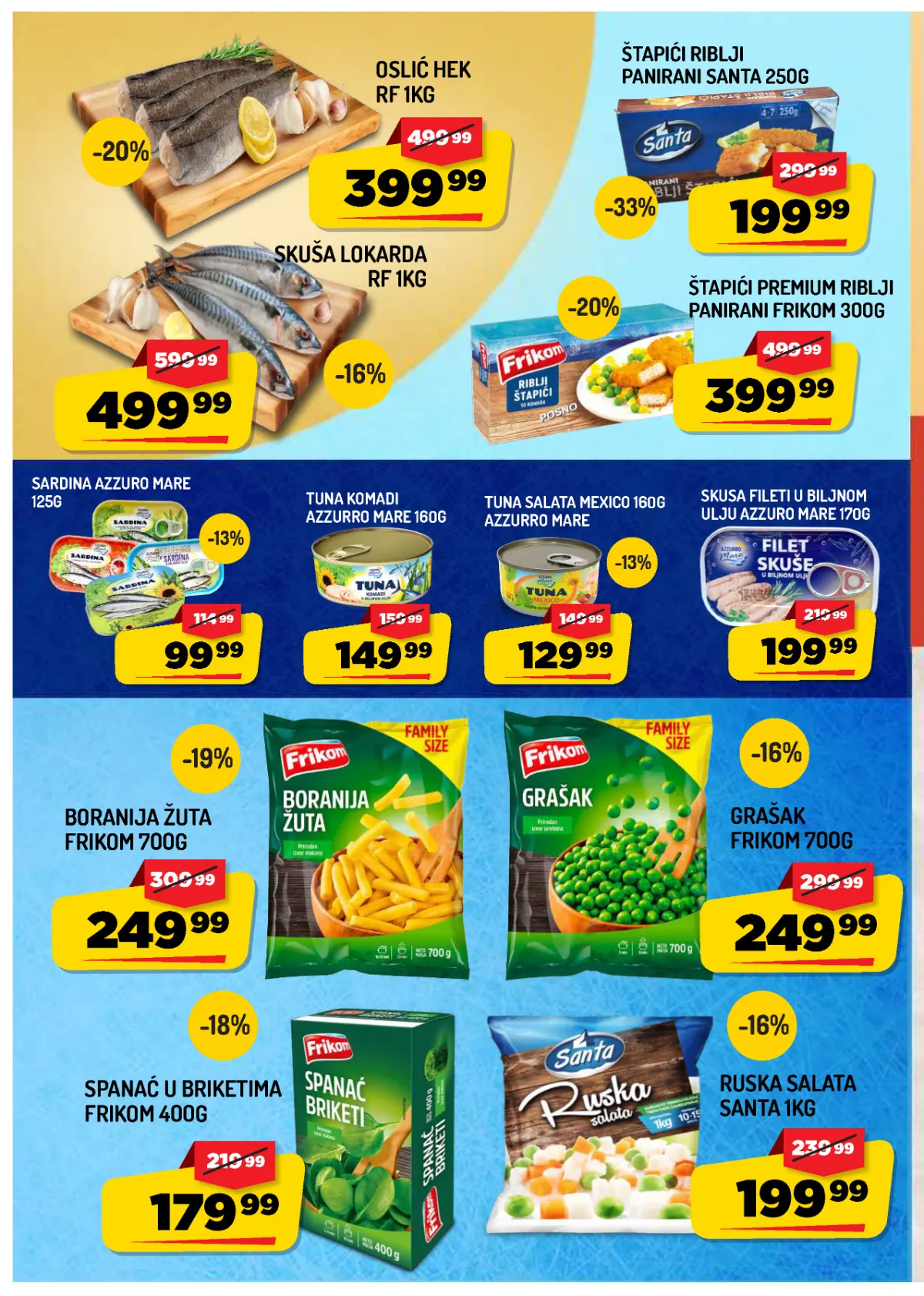AMAN katalog – oslić, skuša, Santa riblji štapići, Frikom boranija, grašak i spanać