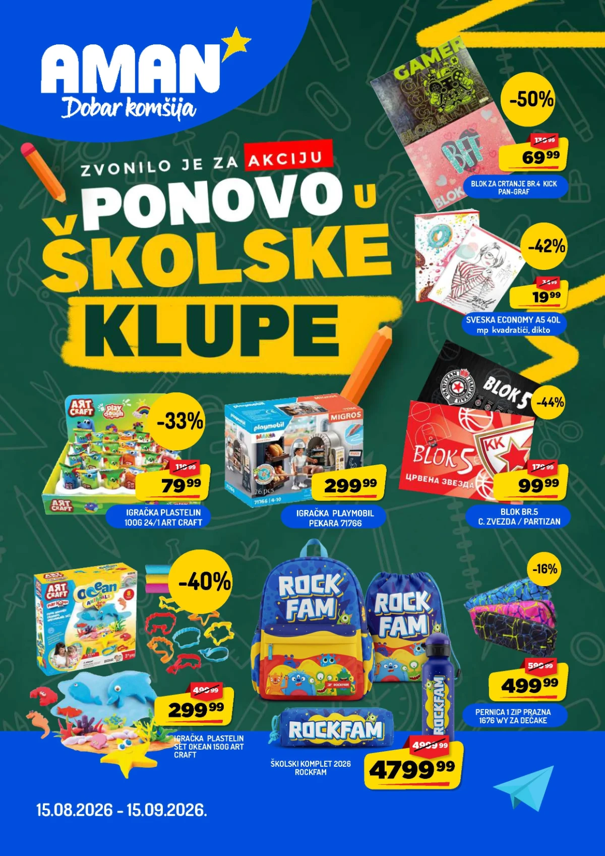 AMAN školska akcija do 15.09.2026. – popusti do 50% na sveske, školski pribor, pernice, rančeve i kreativne setove