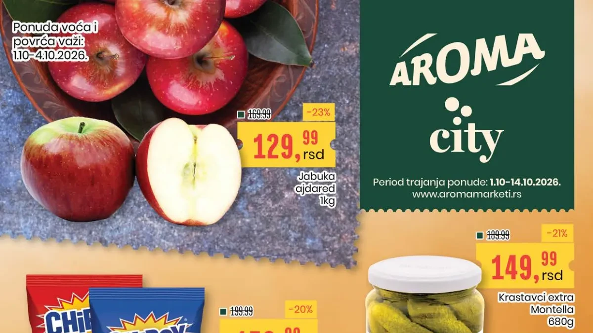 Aroma i City katalog od 01. do 14.10.2026. – jabuke, Chipsy, Balans jogurt, krastavci i čokolade na akciji