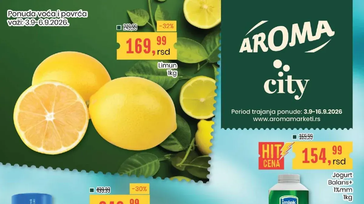 Aroma i City katalog od 03.09. do 16.09.2026. donosi HIT ponude i sniženja do 56% na hranu, piće, mlečne proizvode i kućnu hemiju