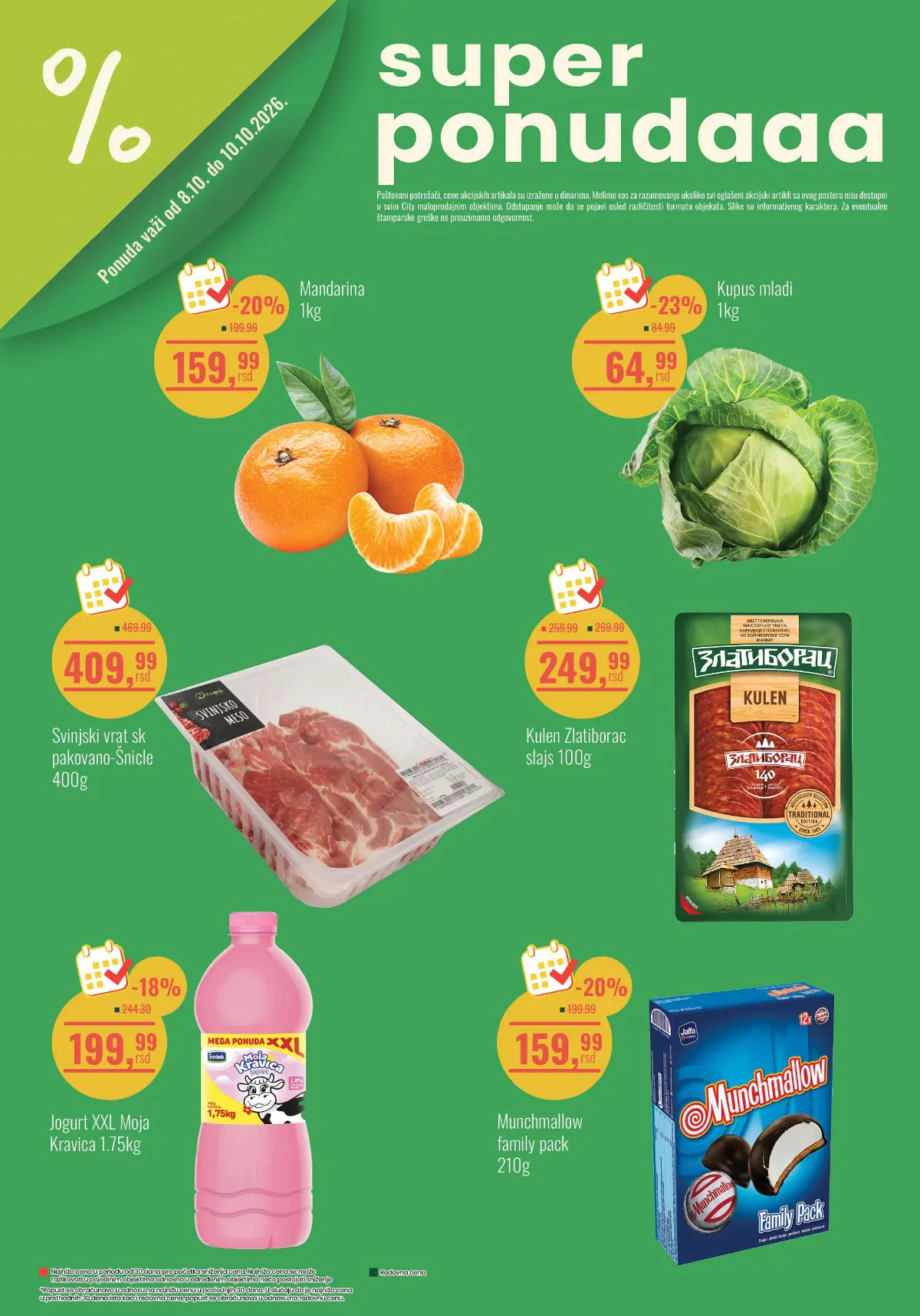 City vikend akcija od 08. do 10.10.2026. – mladi kupus 64,99 dinara po kilogramu i svinjski vrat bez kostiju 400 g za 409,99 dinara