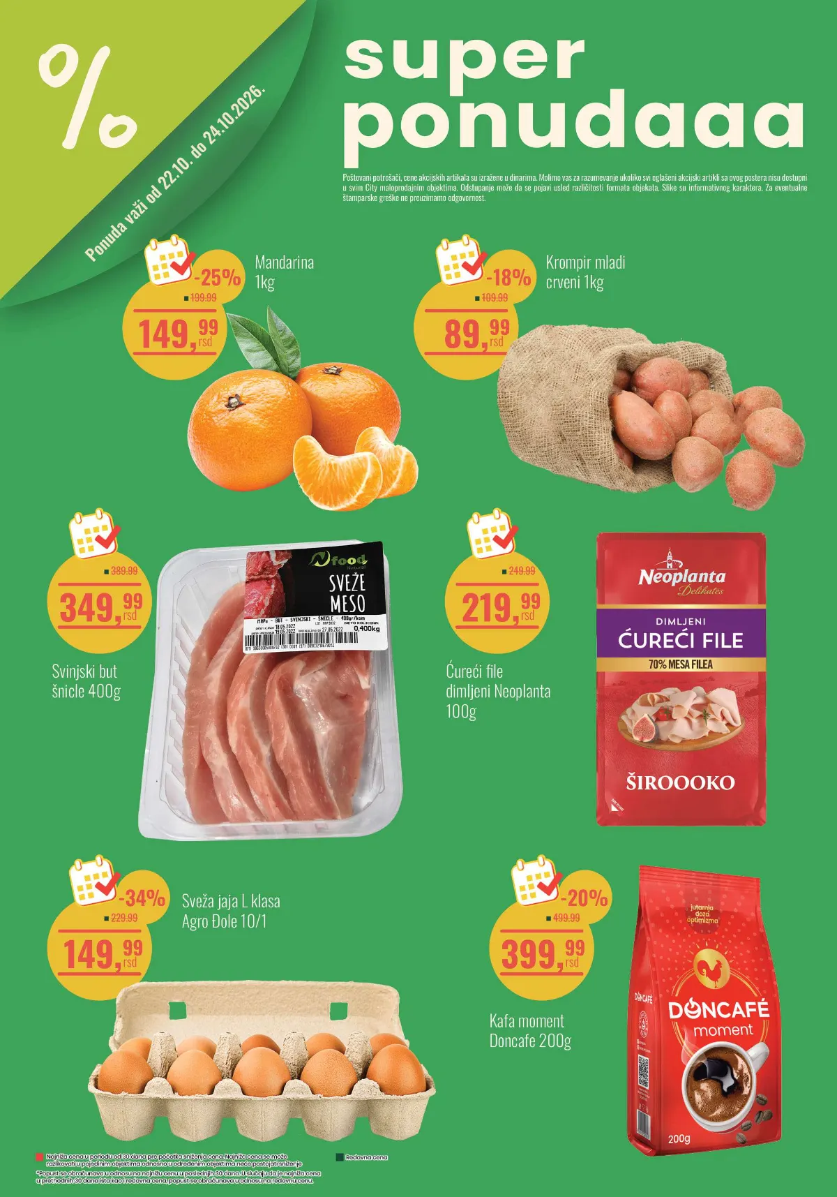 Aroma City vikend akcija od 22. do 24.10.2026. – ponuda mandarina, krompira, mesa, jaja i kafe uz popuste do 34%