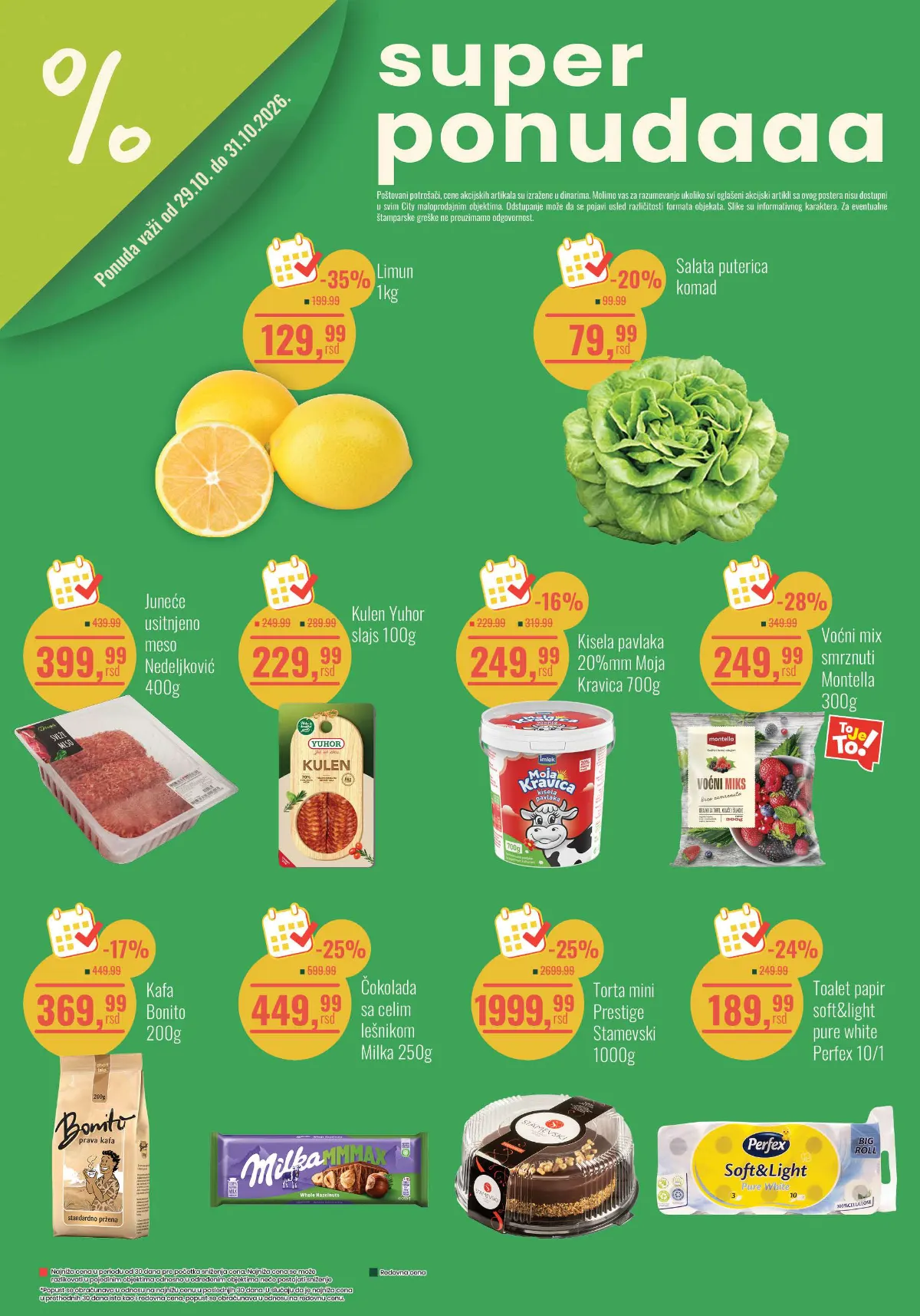 Aroma City super ponuda 29–31.10.2026. – limun, salata, juneće meso, kulen, kisela pavlaka, kafa, Milka i popusti do 35%