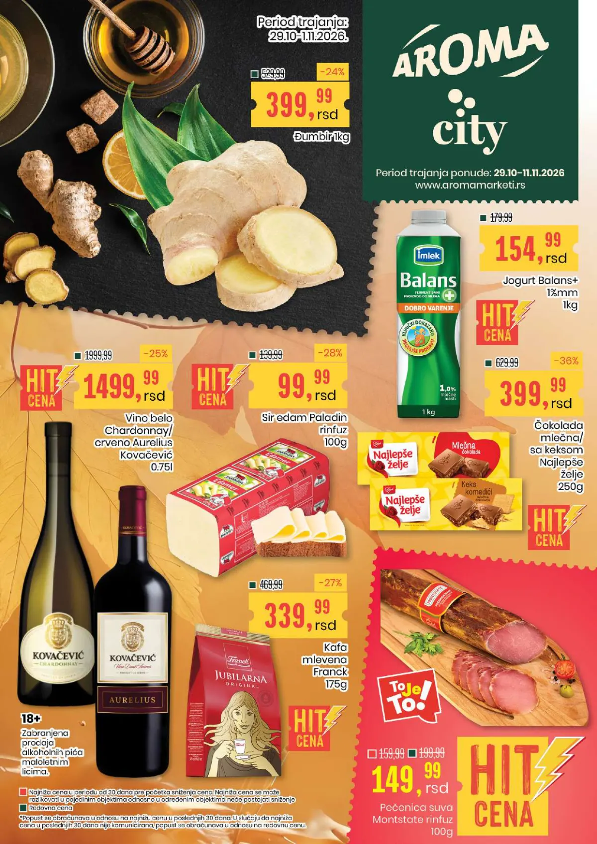 Aroma i Aroma City katalog 29.10–11.11.2026. – đumbir 399,99 din, Balans jogurt 154,99 din, edam sir 99,99 din i Frank kafa 339,99 din