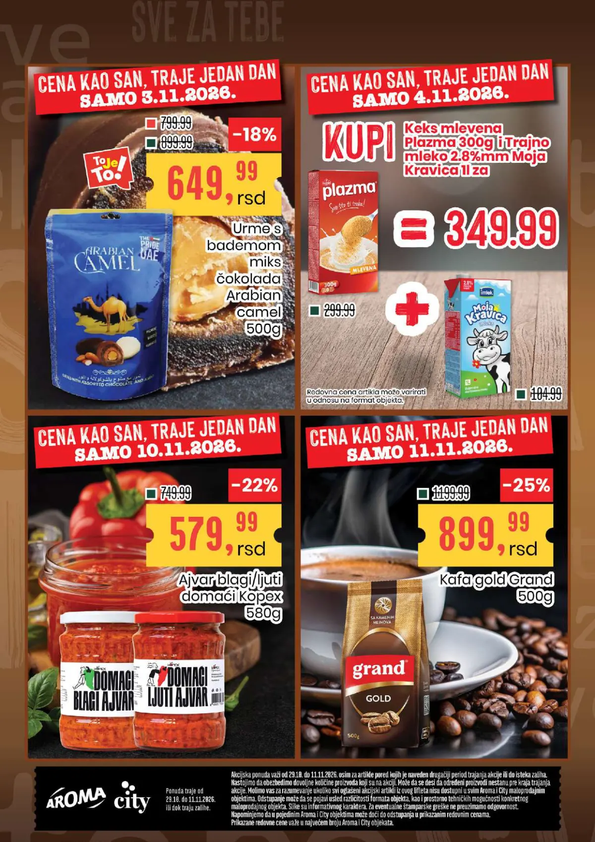 Aroma katalog stranica 24 – posebne akcije 3, 4, 10. i 11. novembra 2026. na urme, Plazmu sa mlekom, ajvar i Grand kafu