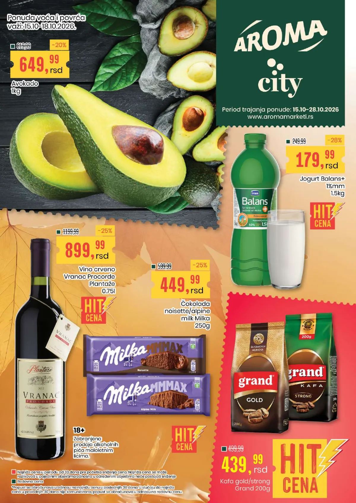 Aroma i Aroma City katalog – jogurt Balans+ 179,99 din, Milka čokolada 449,99 din i Grand kafa 439,99 din