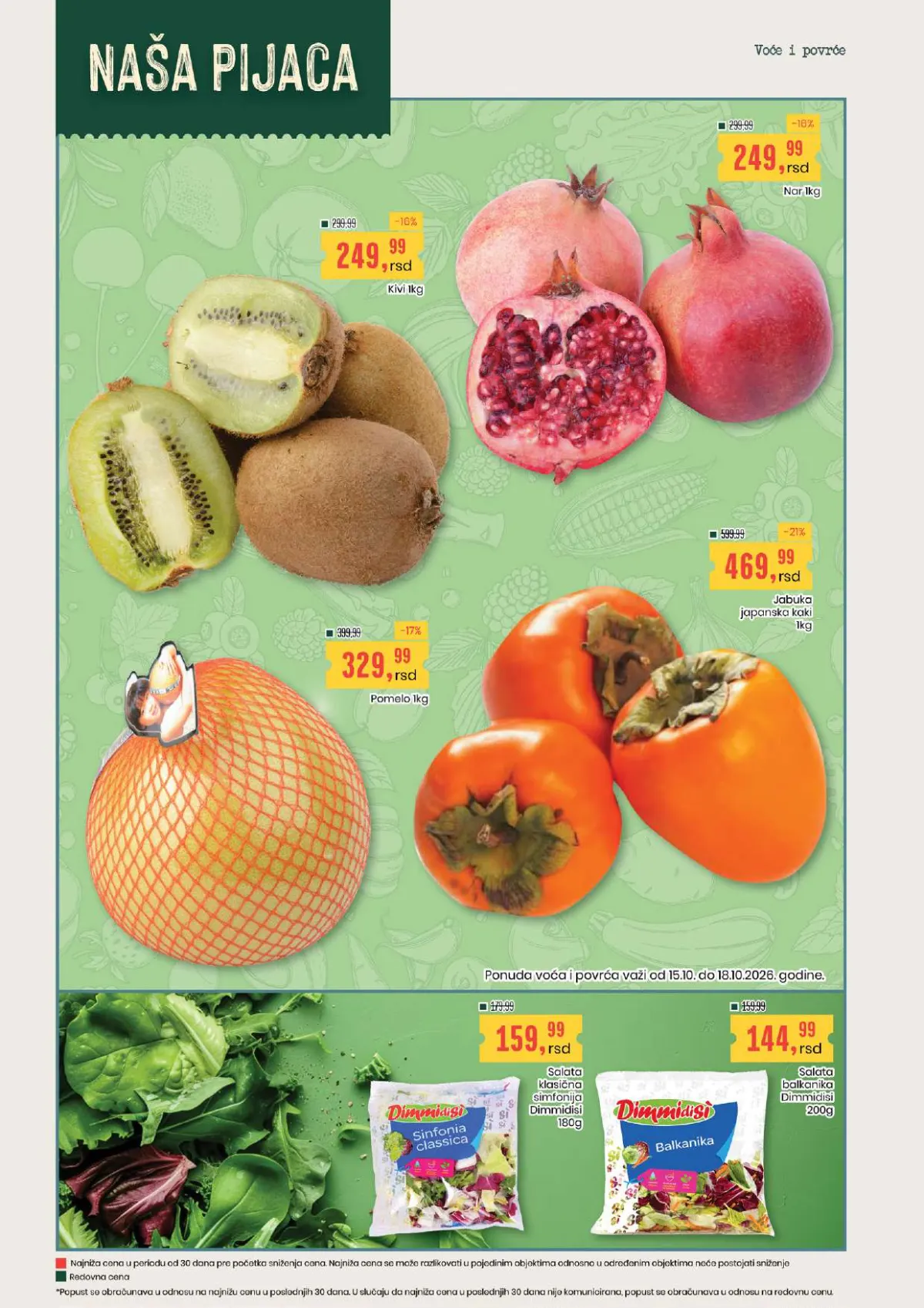 Aroma Naša pijaca od 15. do 18.10.2026. – kivi i nar 249,99 din/kg, pomelo 329,99 din/kg i kaki 469,99 din/kg