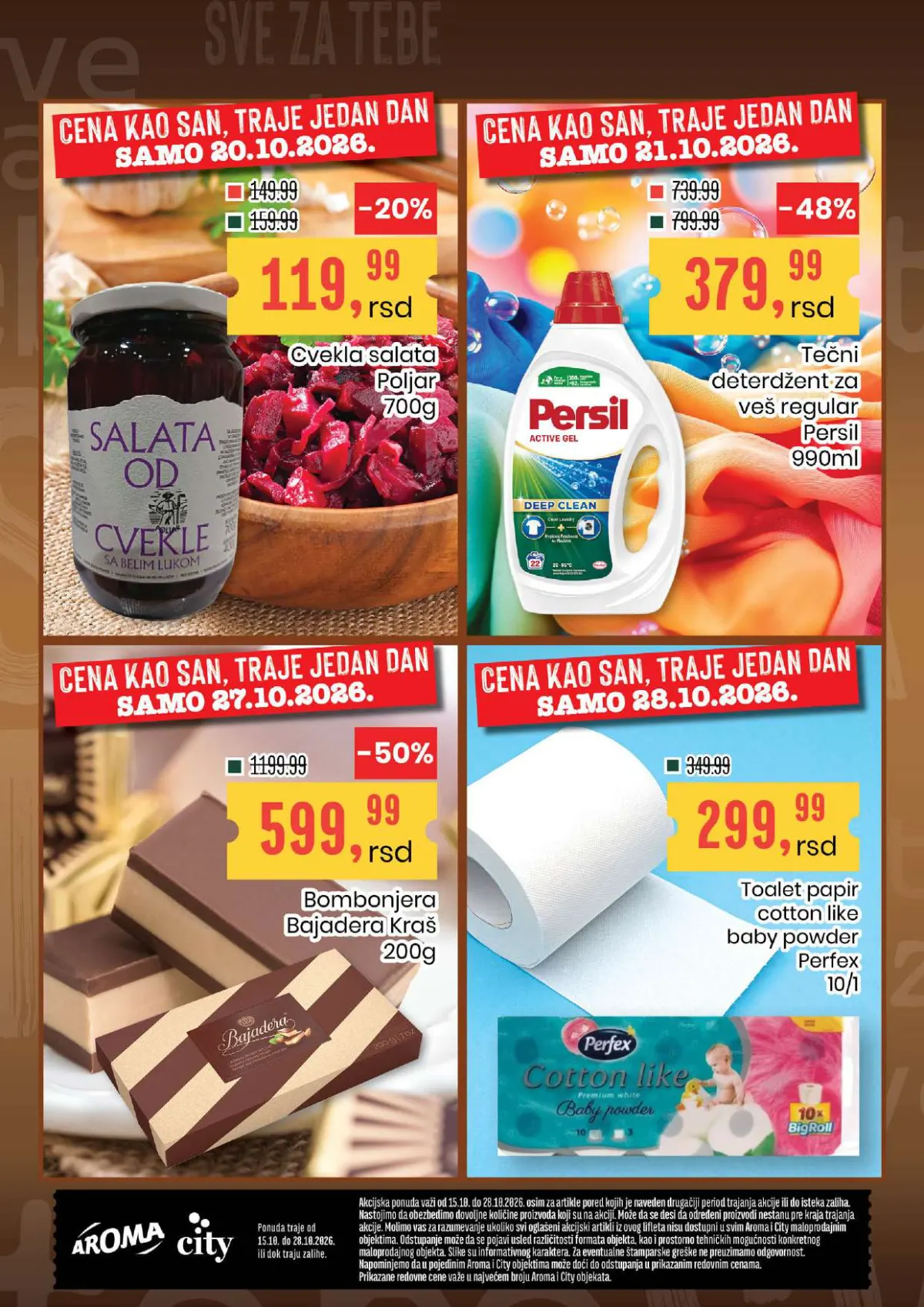 Aroma Cena kao san – jednodnevne akcije za cveklu 20.10, Persil 21.10, Bajaderu 27.10. i Perfex 28.10.2026.