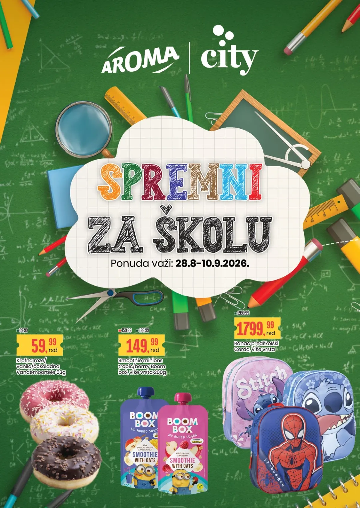 Aroma i City školska ponuda od 28.08. do 10.09.2026. donosi rančeve, sveske, školski pribor, užinu i slatkiše uz popuste do 61%