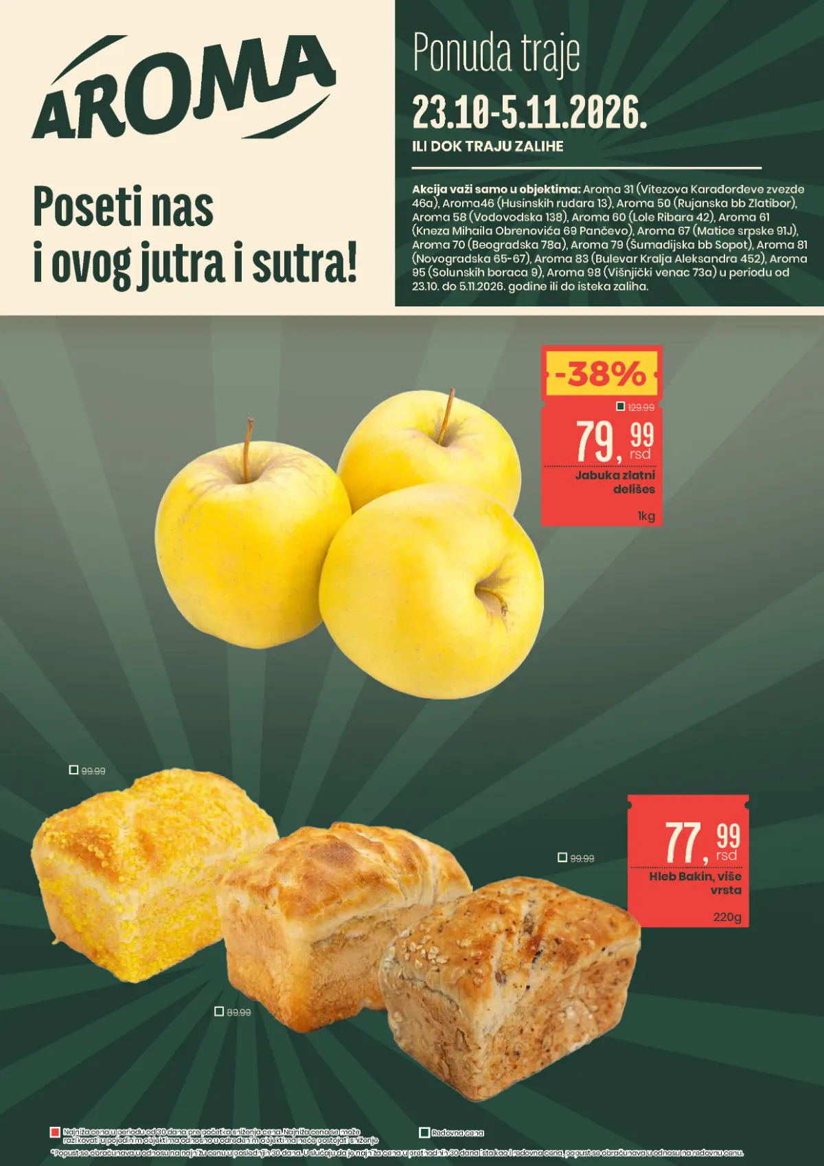 Aroma katalog 23.10–05.11.2026. – specijalna akcija, jabuke zlatni delišes 79,99 dinara i Bakin hleb 77,99 dinara