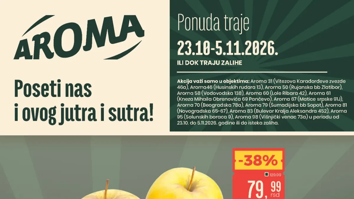 Aroma katalog od 23.10. do 05.11.2026. – specijalna akcija, jabuke za 79,99 dinara i popusti do 55%