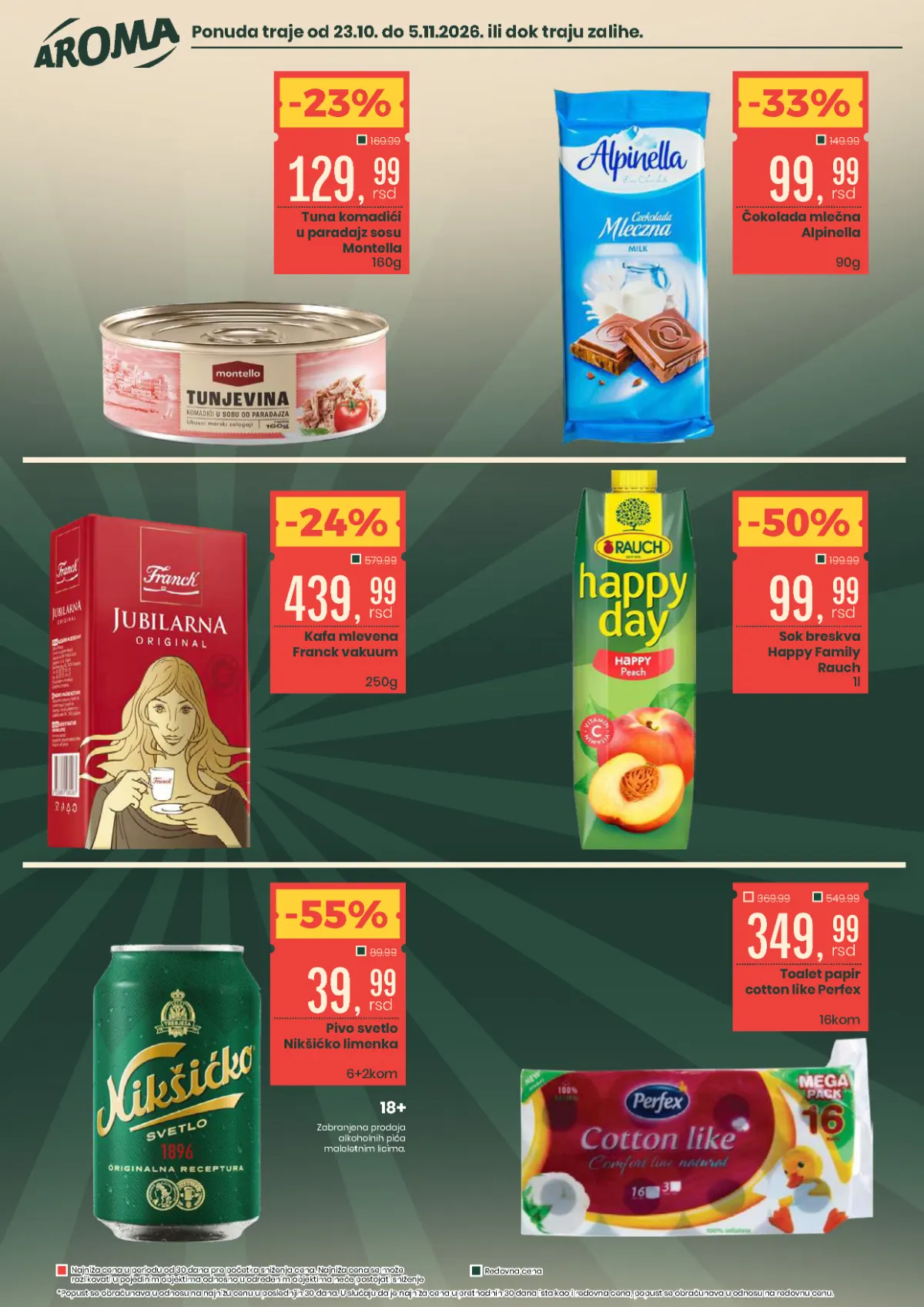 Aroma katalog 23.10–05.11.2026, strana 2 – Montella tuna 129,99 din, Alpinella čokolada 99,99 din, Franck kafa 439,99 din, Rauch sok 99,99 din i Perfex toalet papir 349,99 din