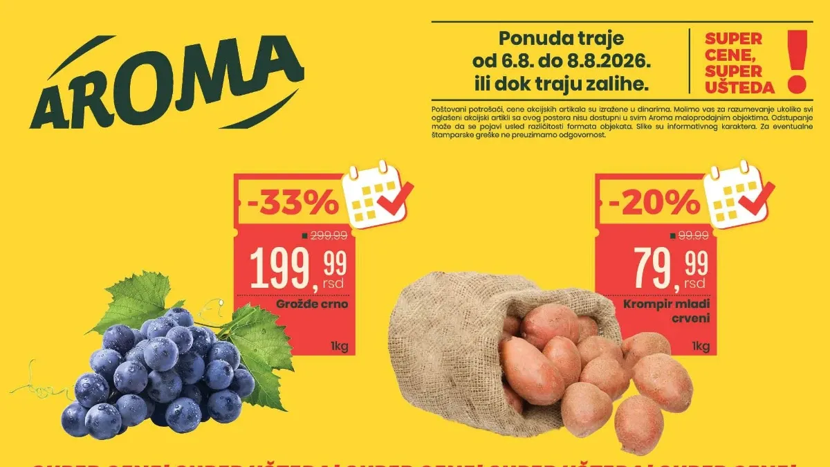 Aroma i City vikend akcija do 08.08.2026. donosi popuste do 41% na grožđe, junetinu, mleveno meso, Heineken pivo, sladoled i druge prehrambene proizvode