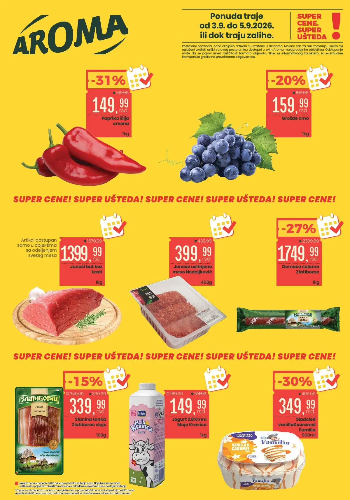Aroma akcija od 03.09. do 05.09.2026. donosi popuste do 31% na papriku, grožđe, junetinu, suhomesnate i mlečne proizvode