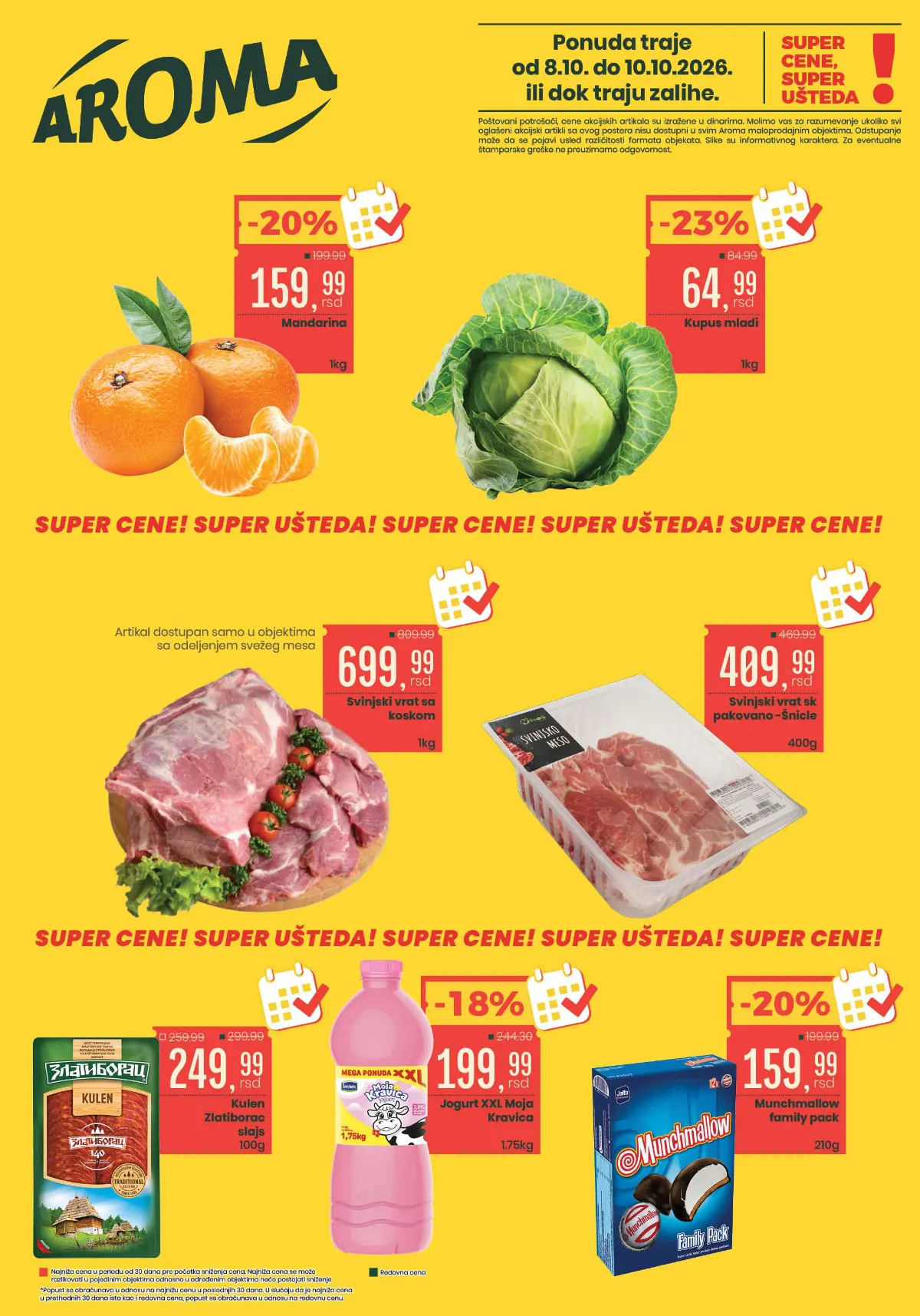 Aroma vikend akcija od 08. do 10.10.2026. – mandarine, mladi kupus, svinjski vrat, kulen, jogurt i Munchmallow