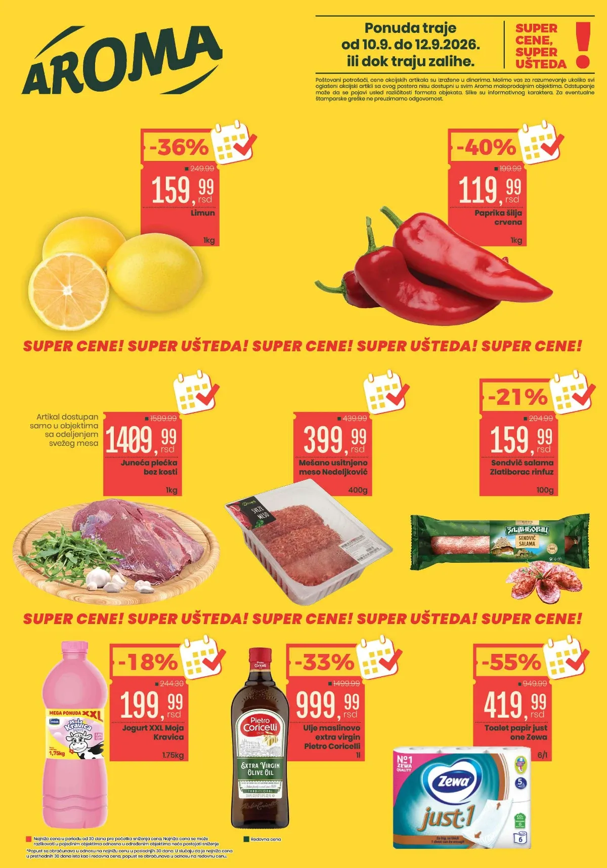Aroma vikend akcija od 10.09. do 12.09.2026. donosi popuste do 55% na voće, povrće, meso, mlečne proizvode i kućne potrepštine