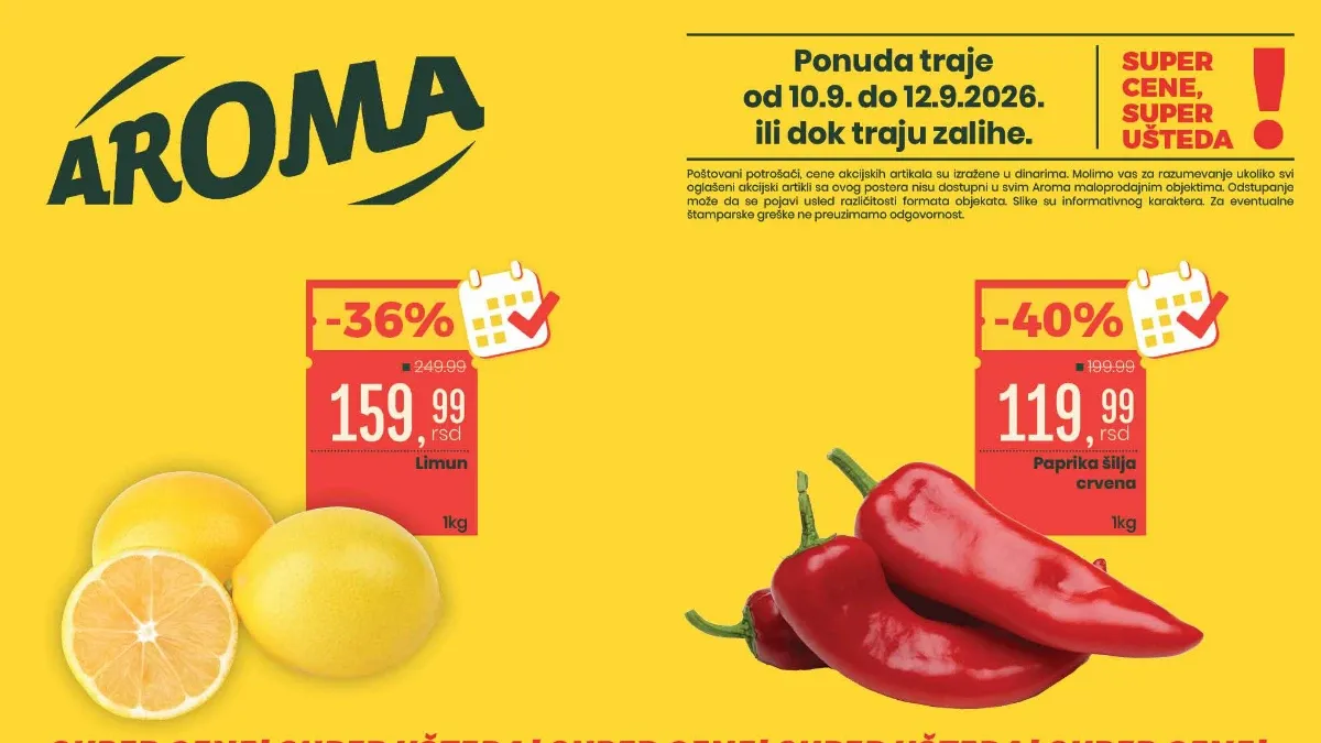 Aroma i City zajednička vikend akcija od 10.09. do 12.09.2026. donosi limun za 159,99 RSD i crvenu šilja papriku za 119,99 RSD