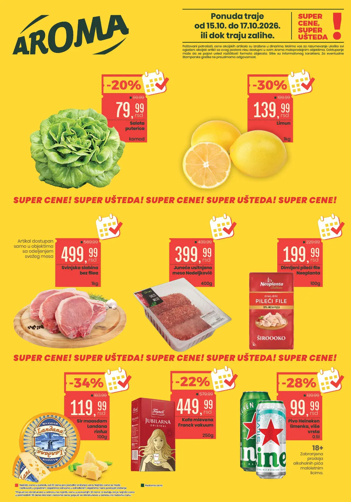 Aroma vikend akcija od 15. do 17.10.2026. – salata puterica 79,99 RSD, limun 139,99 RSD/kg i sir Landana 119,99 RSD/100 g