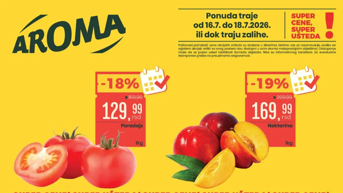 Aroma i City vikend akcija 16.07. do 18.07.2026. sa popustima do 40% na voće, meso, piće i prehrambene proizvode