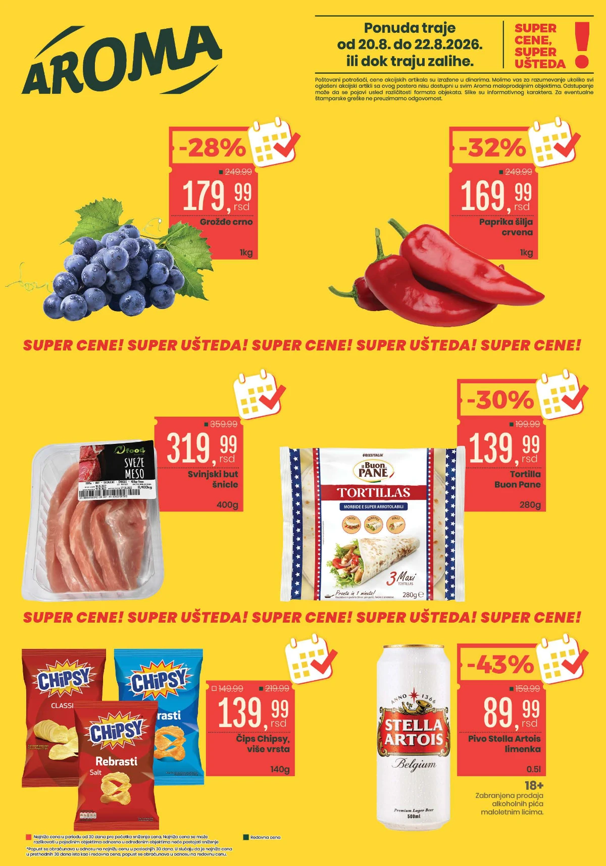Aroma vikend akcija od 20.08. do 22.08.2026. donosi popuste do 43% na grožđe, papriku, svinjski but, tortilje, čips i pivo