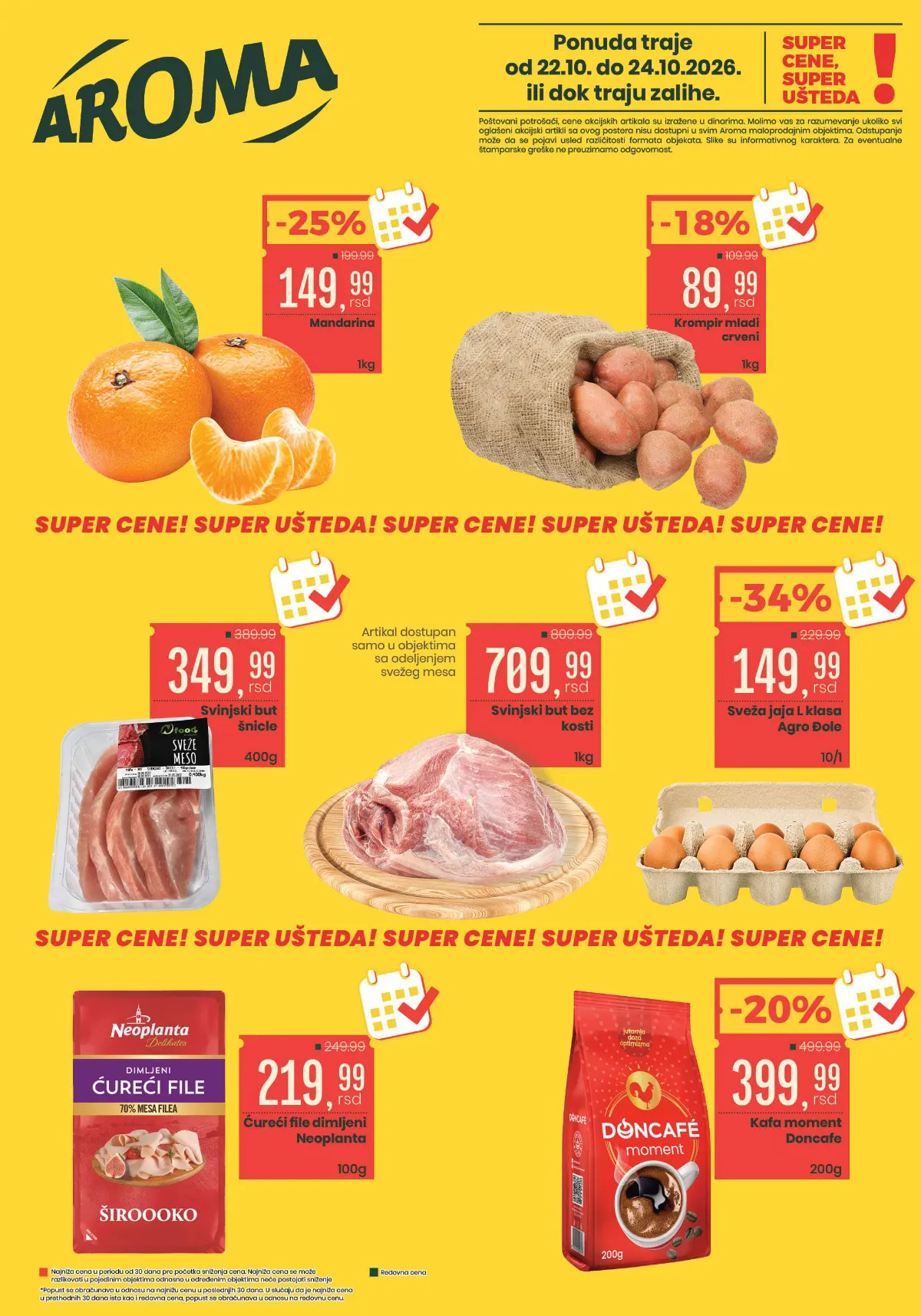 Aroma vikend akcija 22–24.10.2026. – super cene voća, povrća, mesa, jaja i kafe uz popuste do 34%