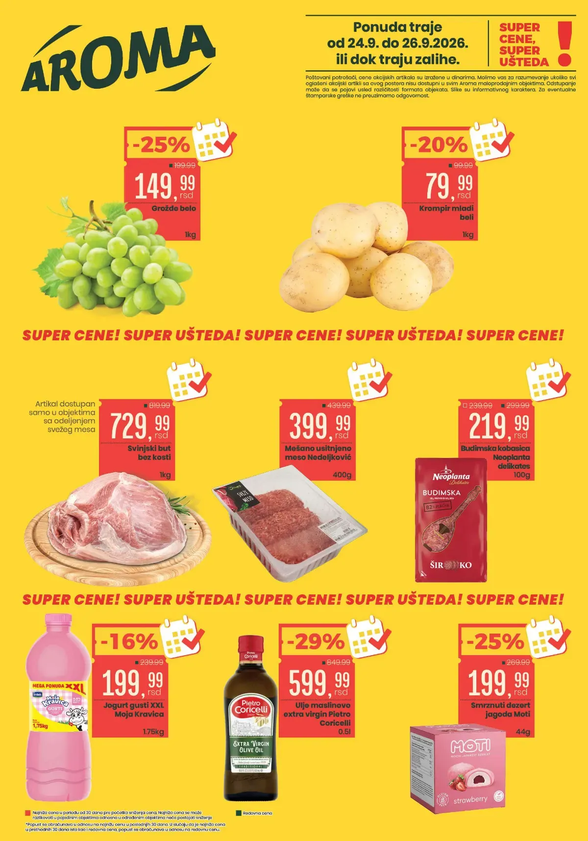 Aroma vikend akcija od 24. do 26.09.2026. sa cenama grožđa, krompira, mesa, jogurta i maslinovog ulja