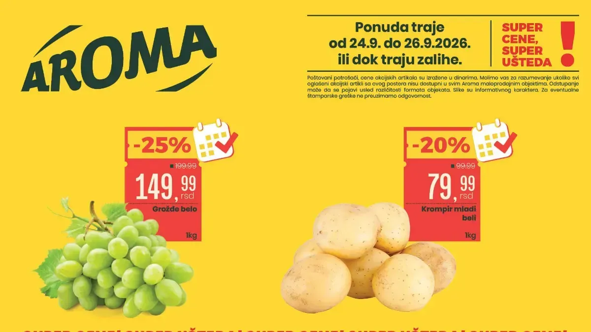 Aroma i Aroma City vikend akcija od 24. do 26.09.2026. – grožđe, krompir, meso i drugi proizvodi na akciji