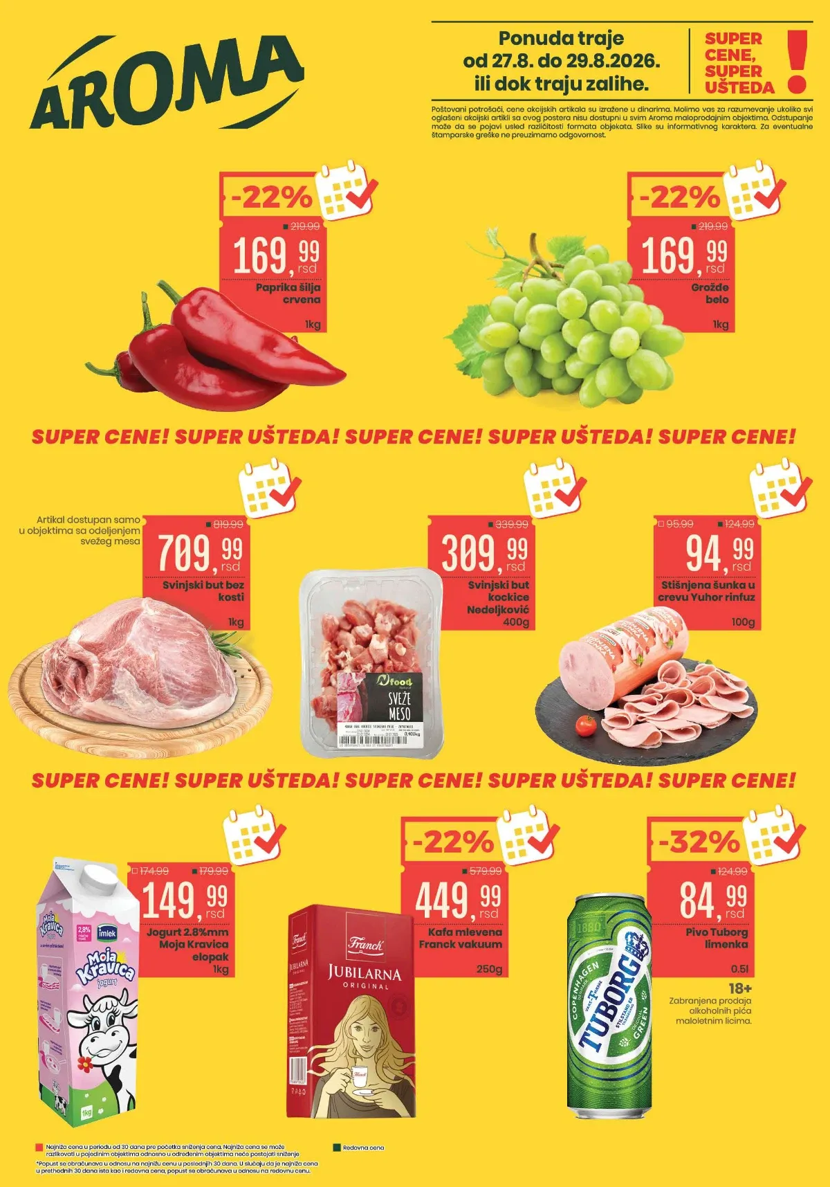 Aroma vikend akcija od 27.08. do 29.08.2026. donosi popuste na papriku, grožđe, svinjski but, jogurt, kafu i pivo