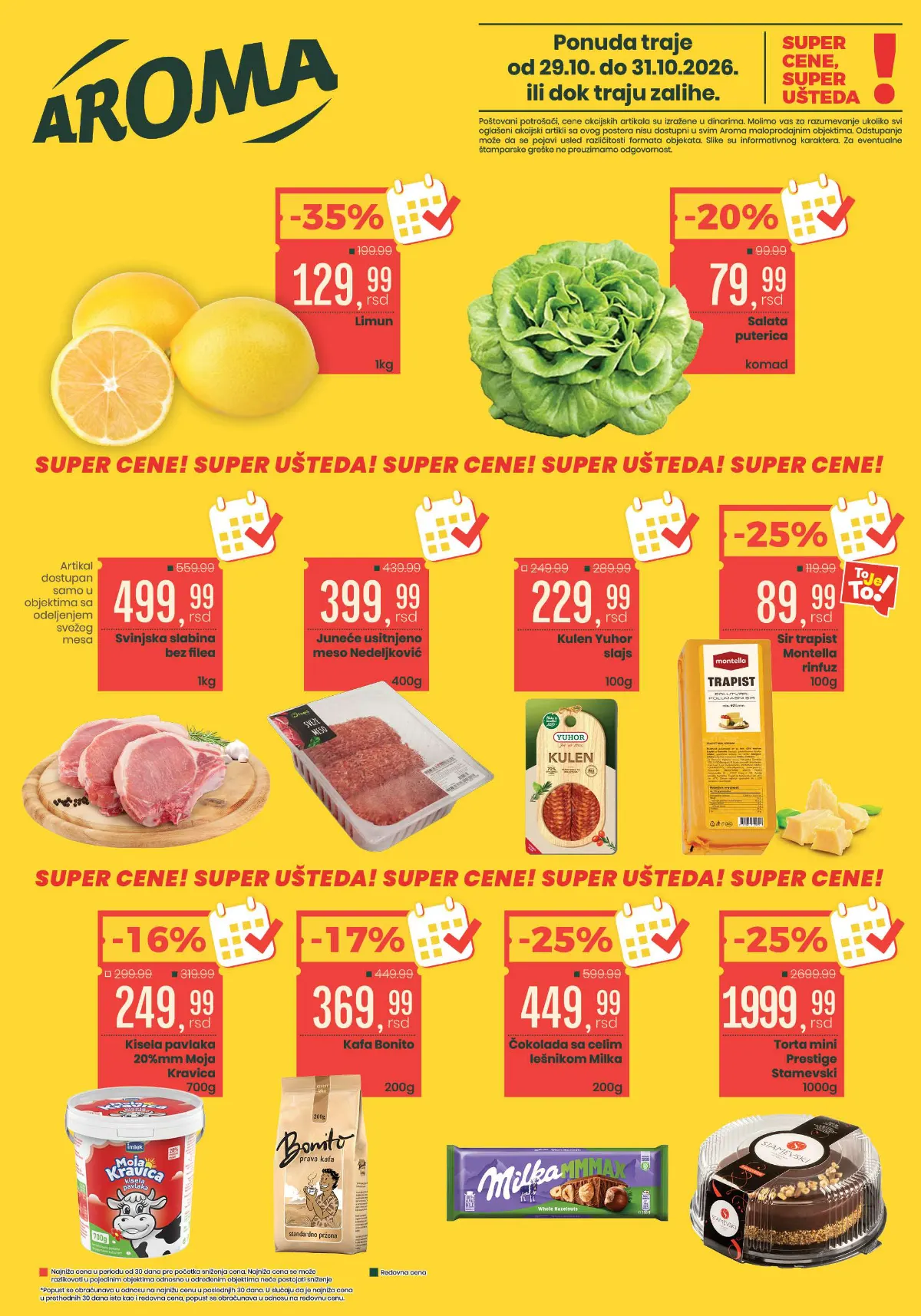 Aroma vikend akcija od 29. do 31.10.2026. – limun 129,99 din, juneće meso 399,99 din, kafa Bonito 369,99 din i popusti do 35%