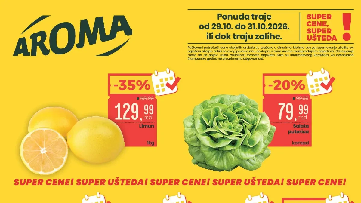 Aroma i Aroma City vikend akcija od 29. do 31. oktobra 2026. – popusti do 35% na voće, povrće, meso, kafu i prehrambene proizvode