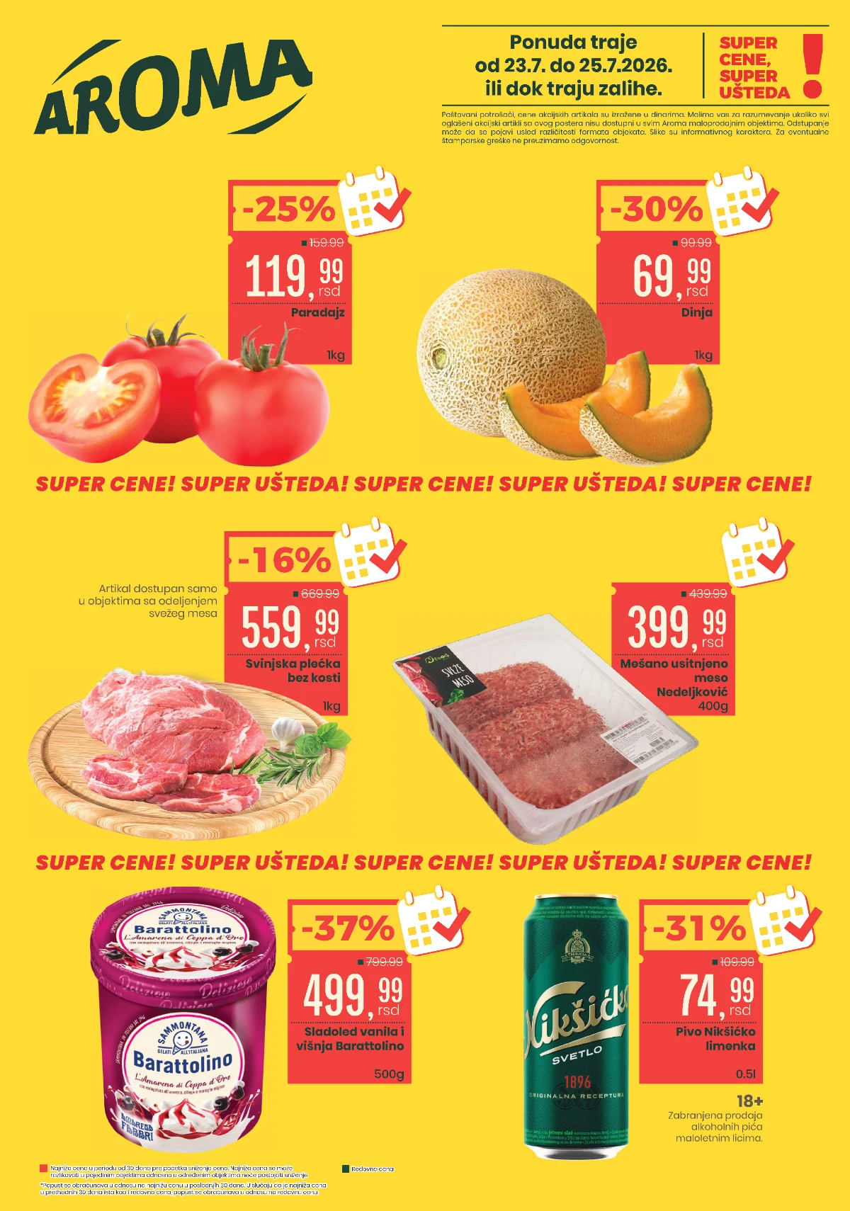 Aroma i City vikend akcija sa popustima do 37% na voće, meso, sladoled, piće i prehrambene proizvode do 25.07.2026.