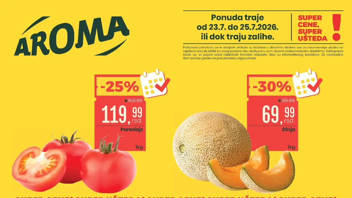 Aroma i City vikend akcija sa popustima do 37% na voće, meso, sladoled, piće i prehrambene proizvode do 25.07.2026.