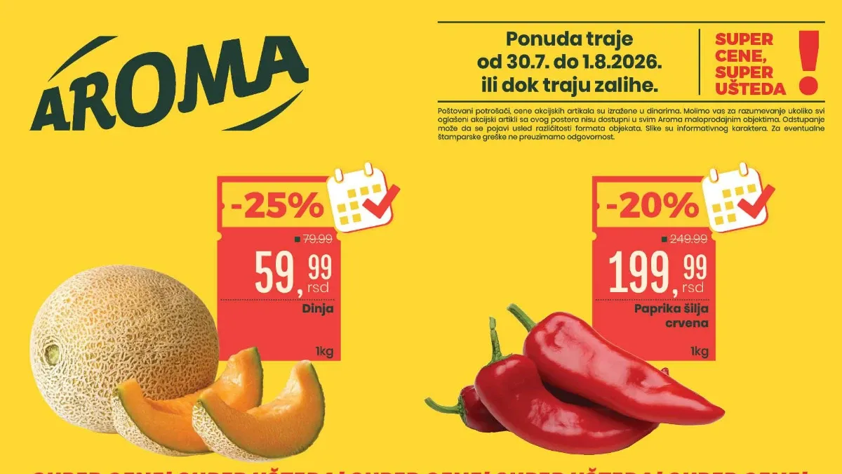 Aroma i City vikend akcija do 01.08.2026. donosi popuste do 42% na voće, meso, sladoled i proizvode za domaćinstvo
