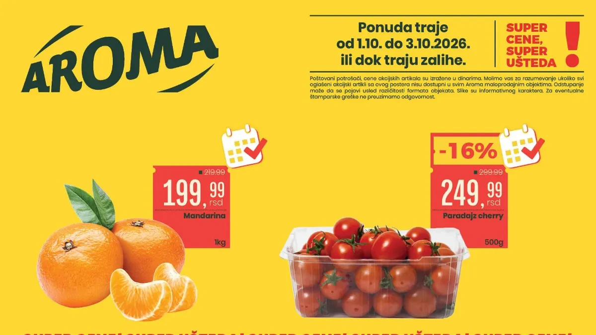 Aroma i Aroma City vikend akcija od 01. do 03.10.2026. – mandarine, meso, mleko i drugi proizvodi na akciji