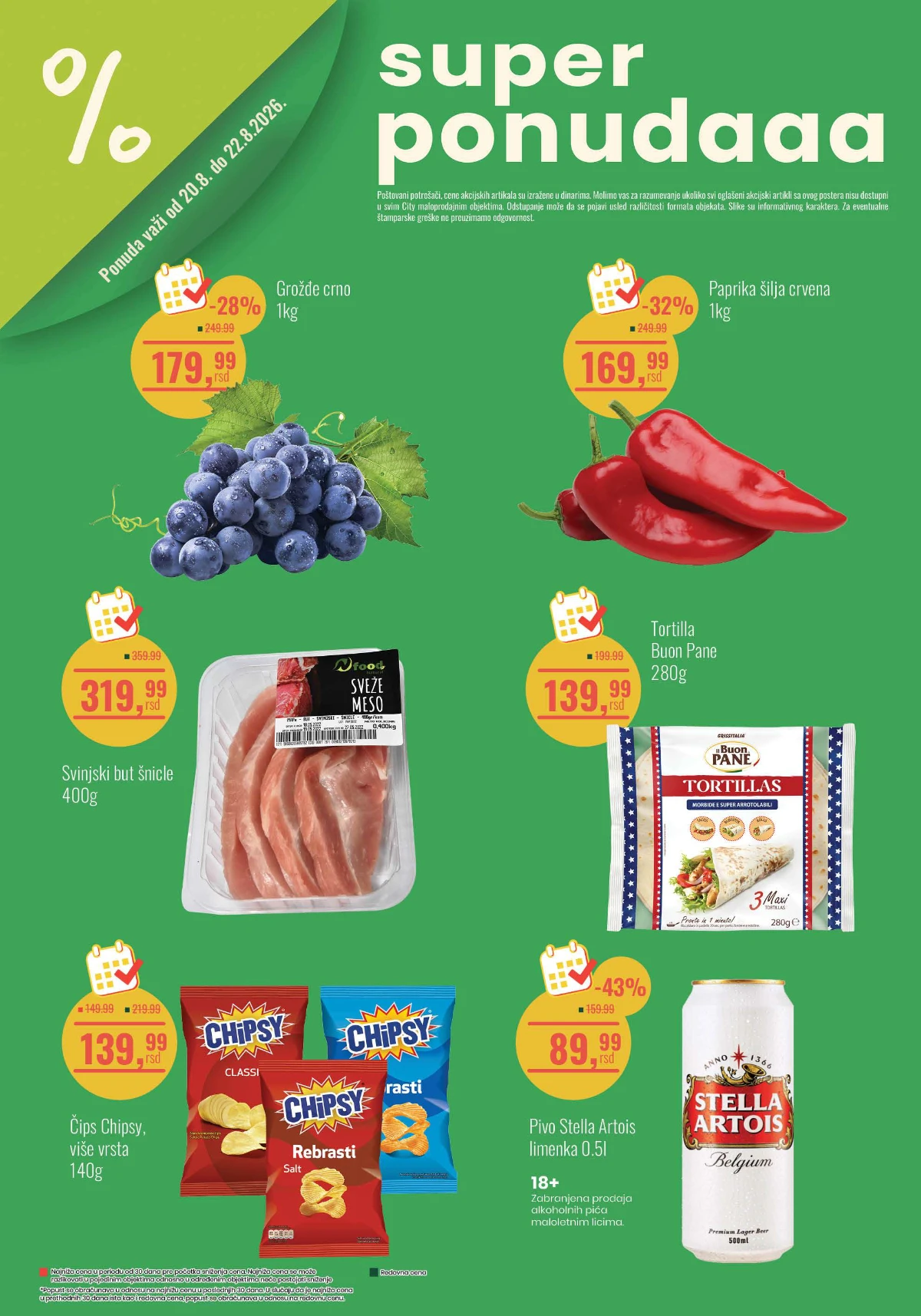 City vikend akcija od 20.08. do 22.08.2026. donosi popuste na grožđe, papriku, svinjski but, tortilje, čips i Stella Artois pivo