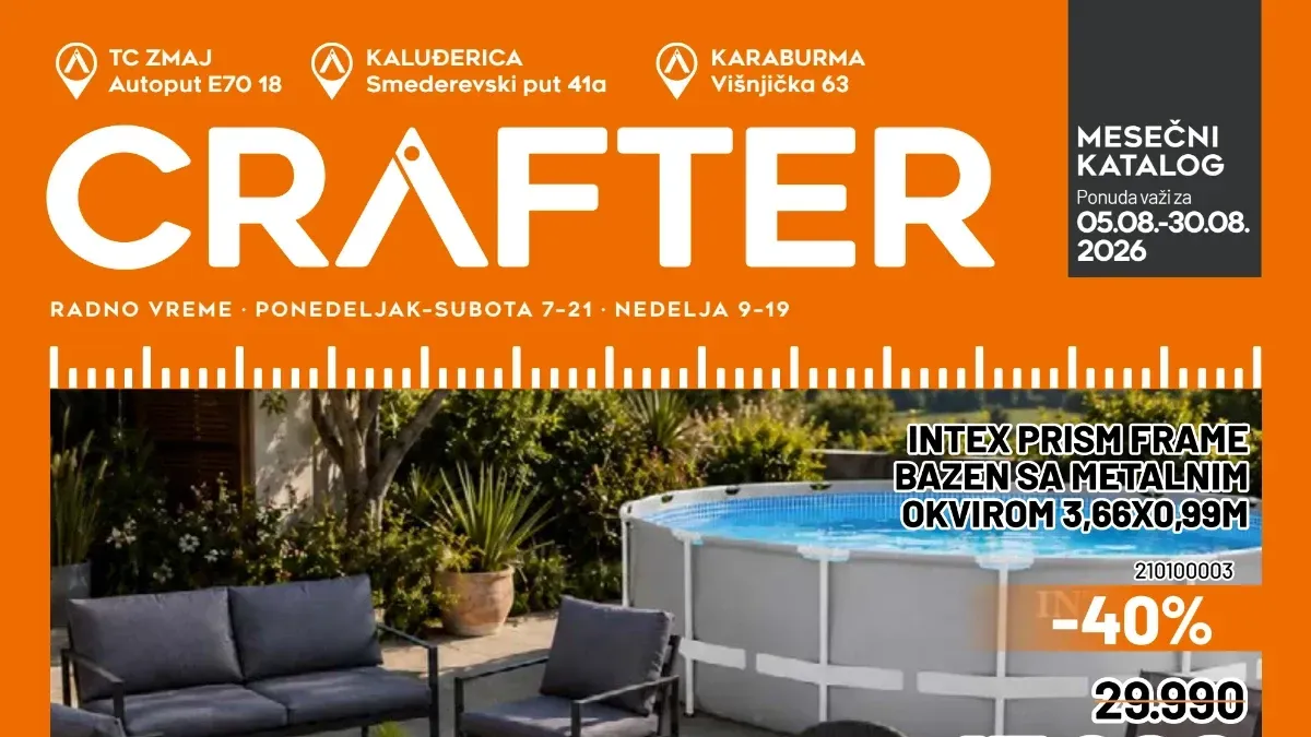 Crafter katalog do 30.08.2026. donosi popuste do 54% na baštenski nameštaj, bazene, Bosch alat, Karcher perače i opremu za dom