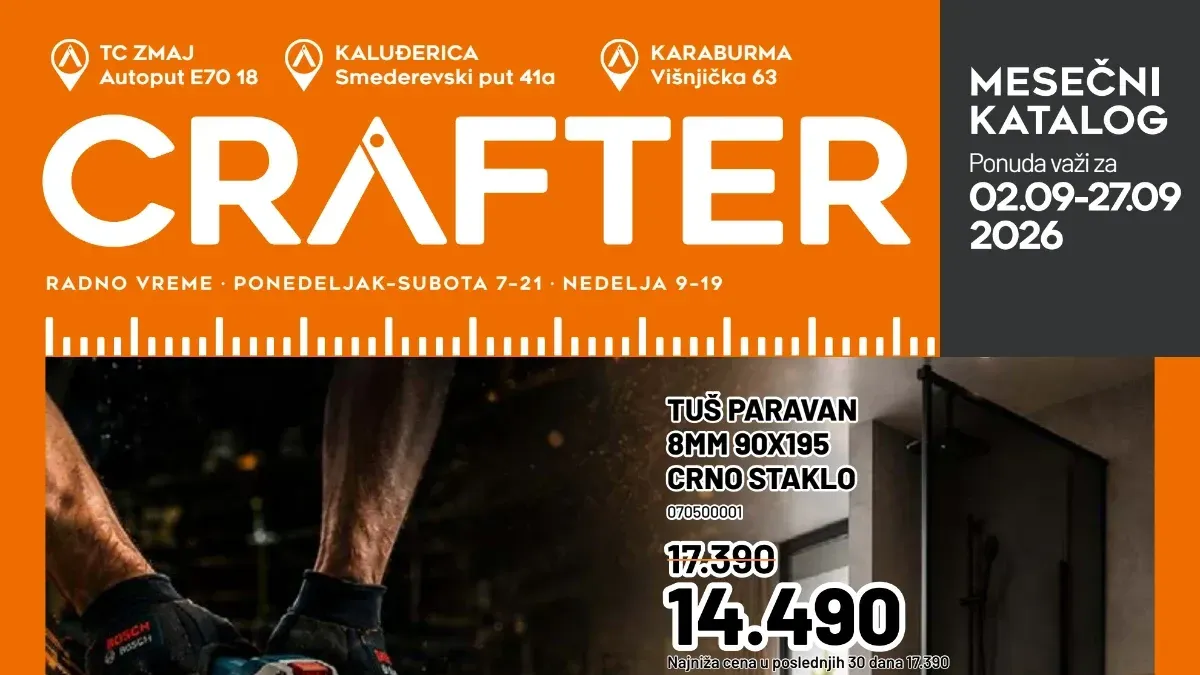 Crafter katalog od 02.09. do 27.09.2026. sa popustima do 38% na alat, podove, grejanje i opremu za dom