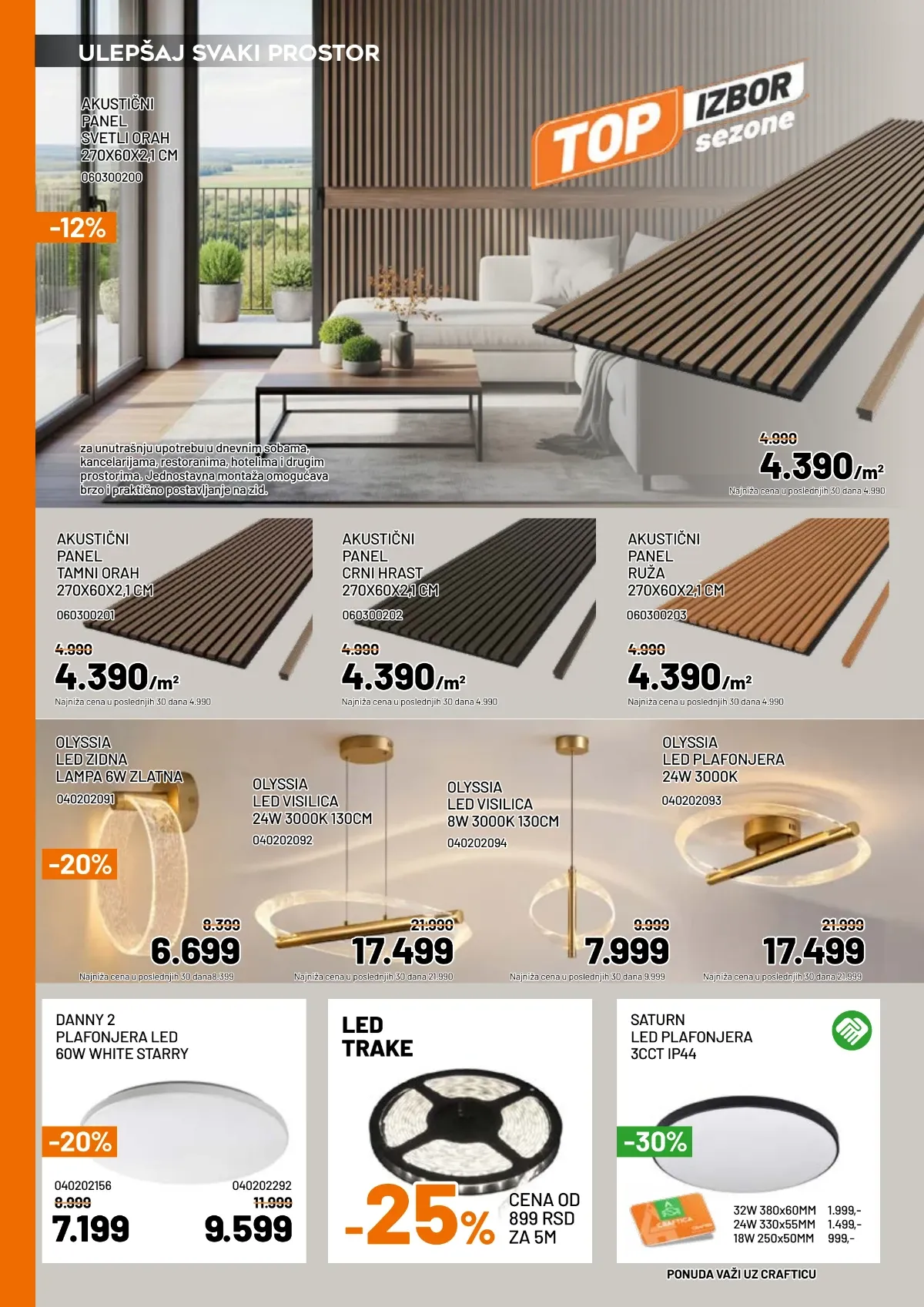 Crafter akcija akustičnih zidnih panela, LED visilica, plafonjera i LED traka