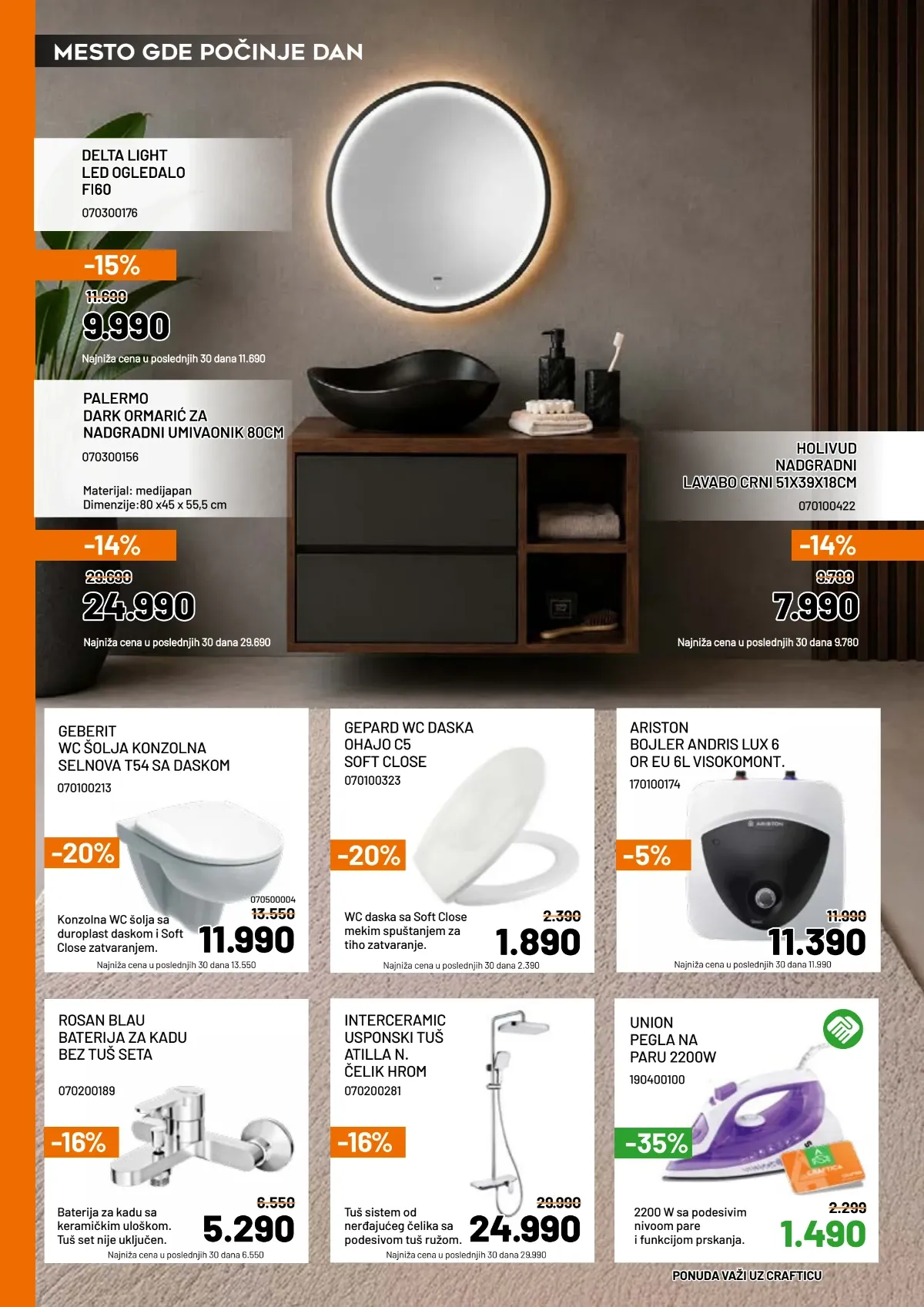 Crafter akcija LED ogledala, kupatilskih ormarića, lavaboa, WC šolja, bojlera i tuš sistema