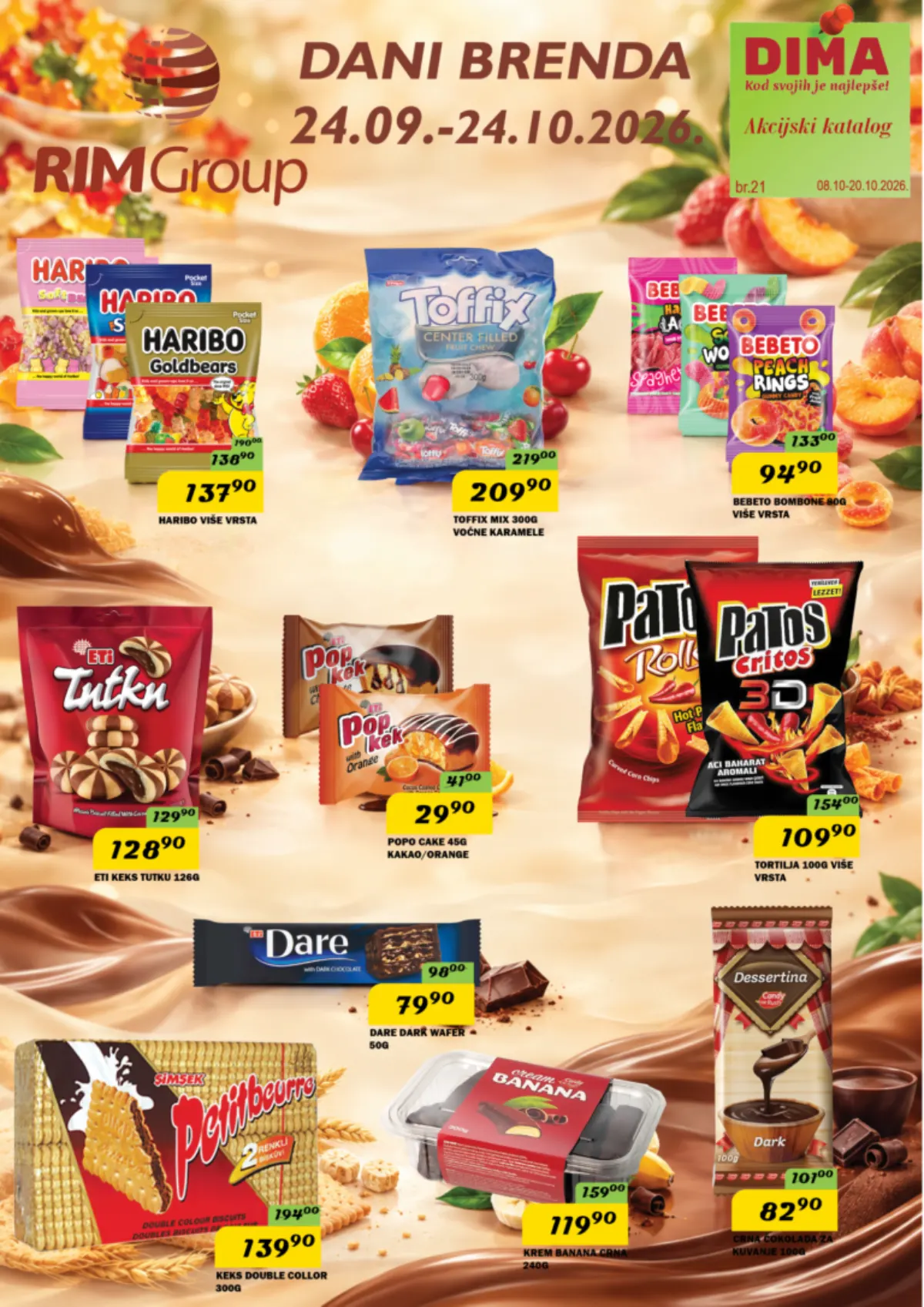 DIMA katalog od 08. do 20.10.2026. – naslovna strana sa Haribo, Bebeto, Toffix i Eti slatkišima i grickalicama