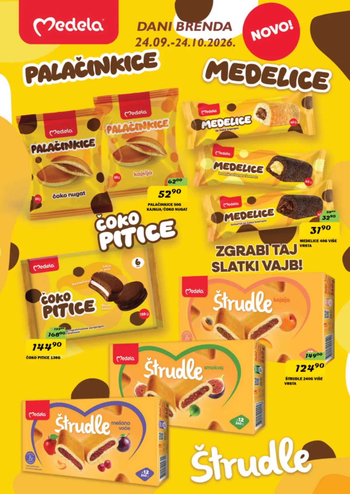 DIMA akcijski katalog, strana 9 – Medela palačinkice, Medelice, Čoko pitice i štrudle